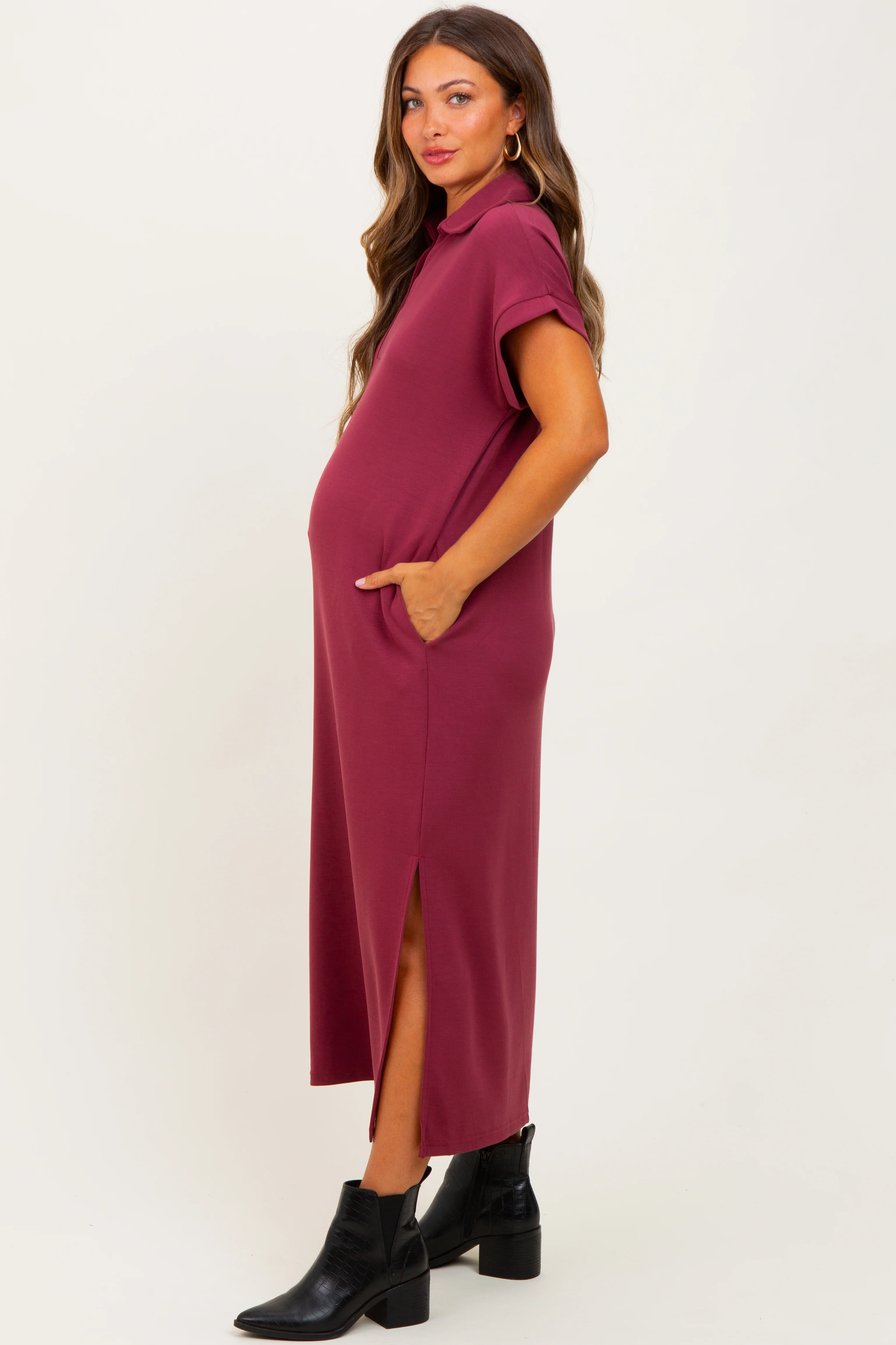 Burgundy Collared Short Sleeve Maternity Midi Dress - Image 2