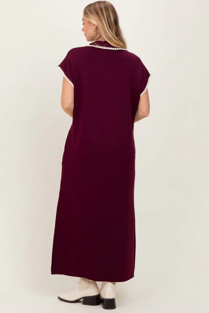 Burgundy Collared Stitch Detail Short Sleeve Midi Dress - Image 3