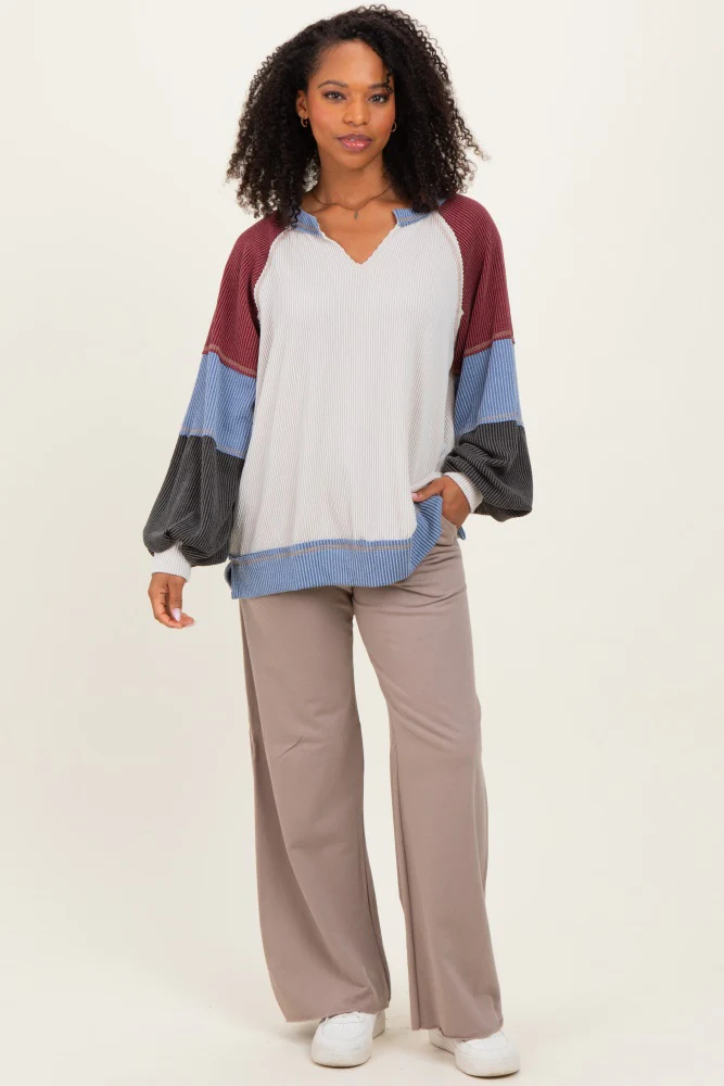 Burgundy Color Block Long Sleeve V-Neck Top - Image 3