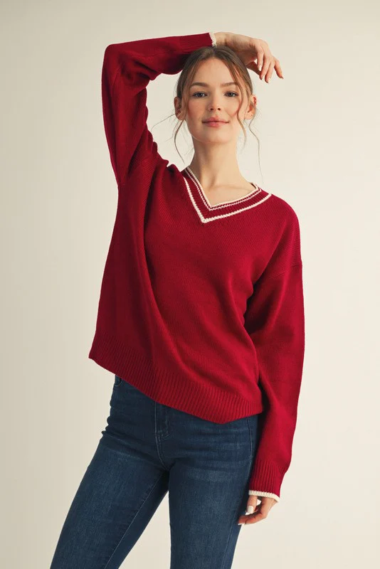 Burgundy Contrast Detail V-Neck Maternity Sweater - Image 5