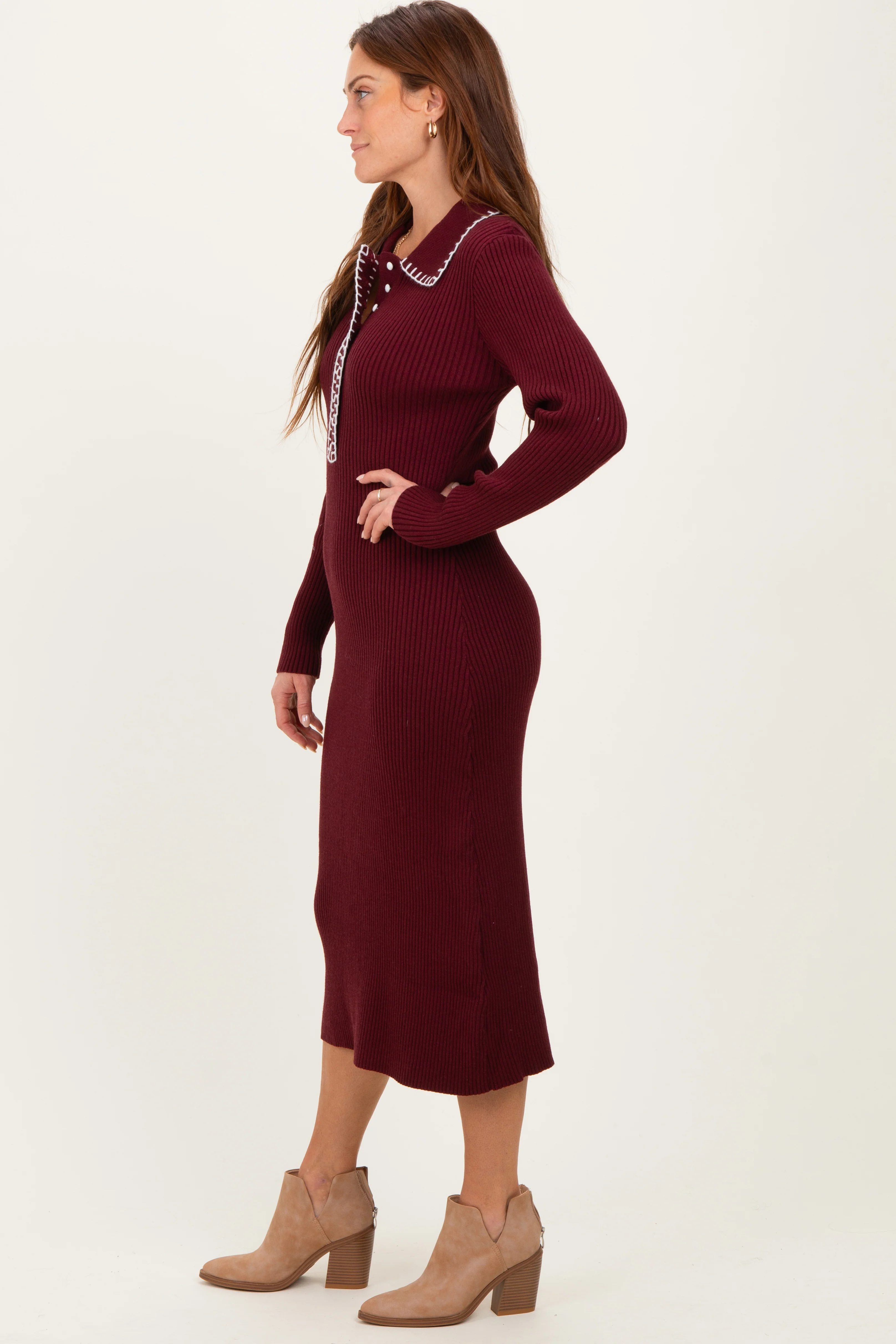 Burgundy Contrast Stitch Midi Sweater Dress - Image 3