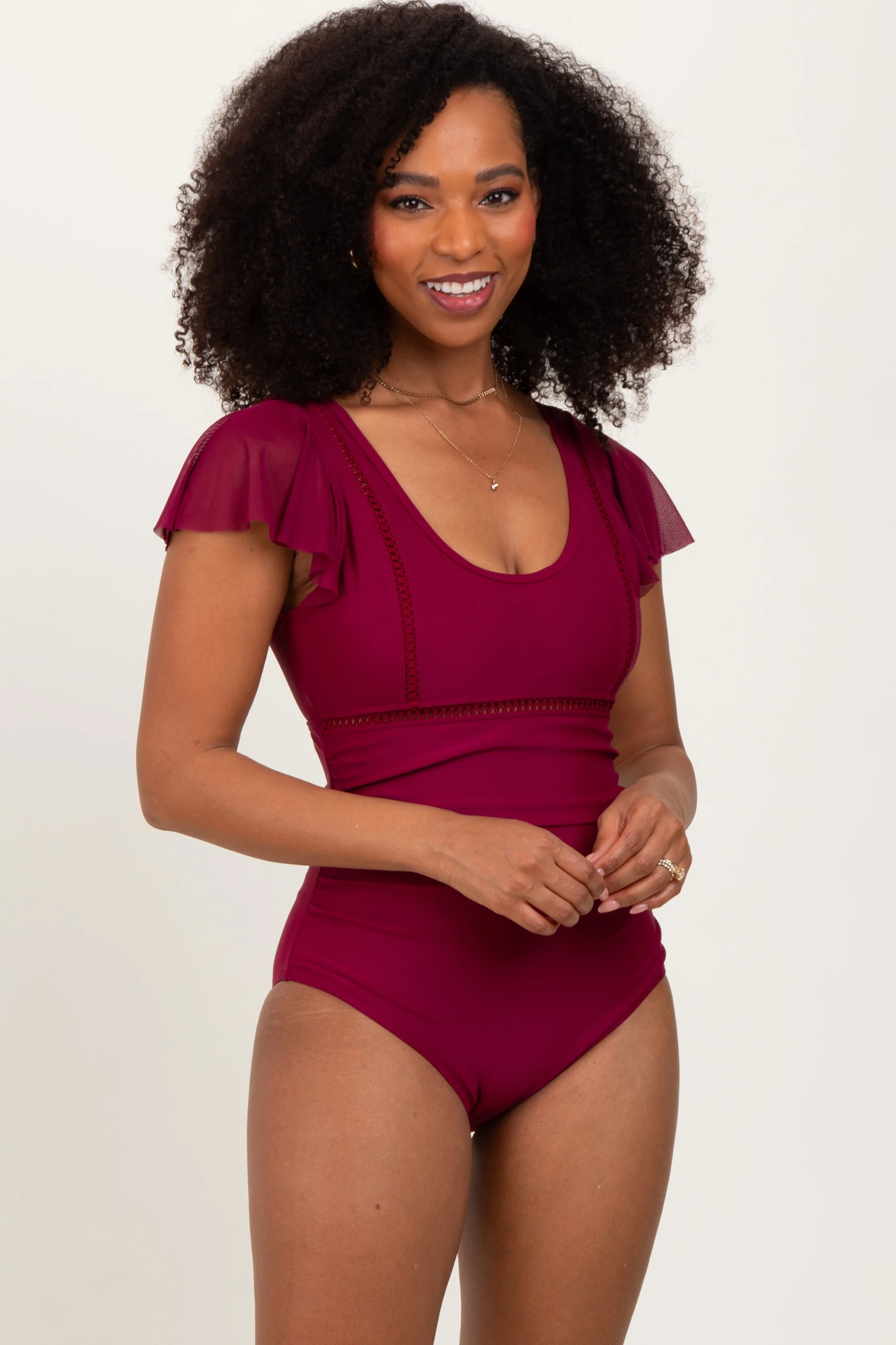 Burgundy Crochet Detail Ruched Maternity One Piece Swimsuit - Image 5