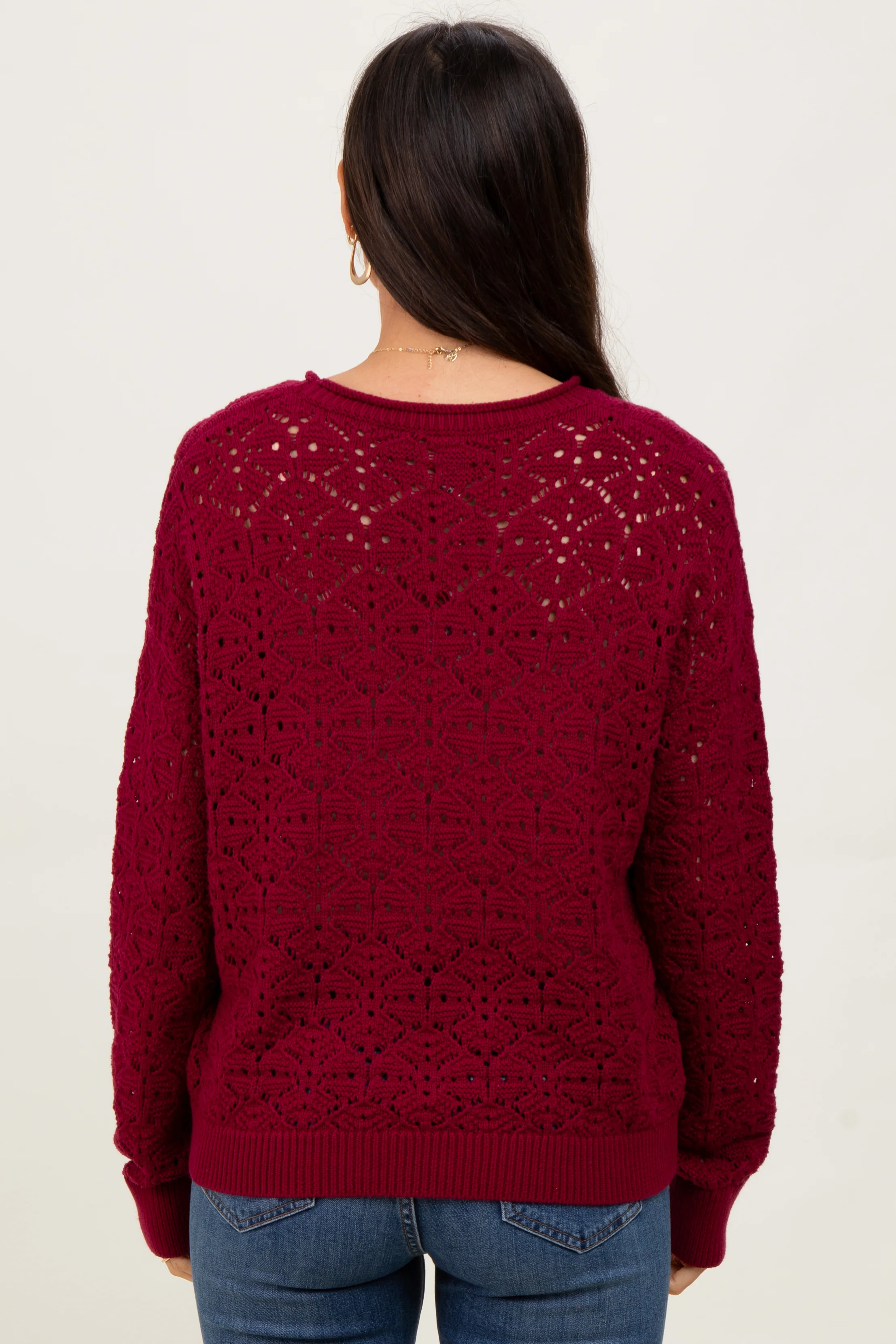 Burgundy Crochet Knit Drop Shoulder Sweater - Image 4