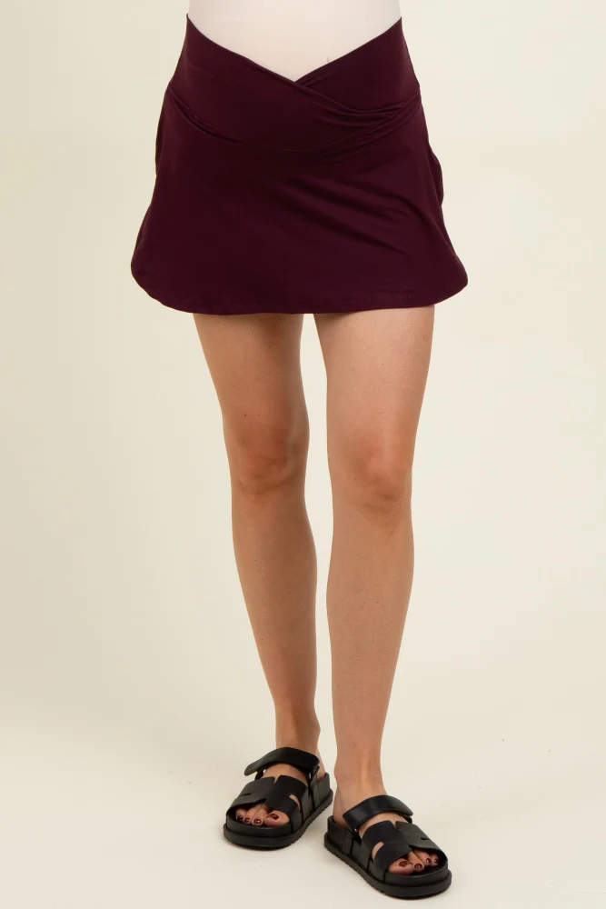 Burgundy Crossover V-Waist Maternity Skort - Image 4