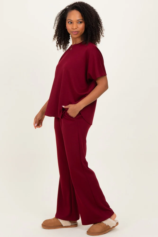 Burgundy Curved Hem Tee Pants Maternity Set - Image 3