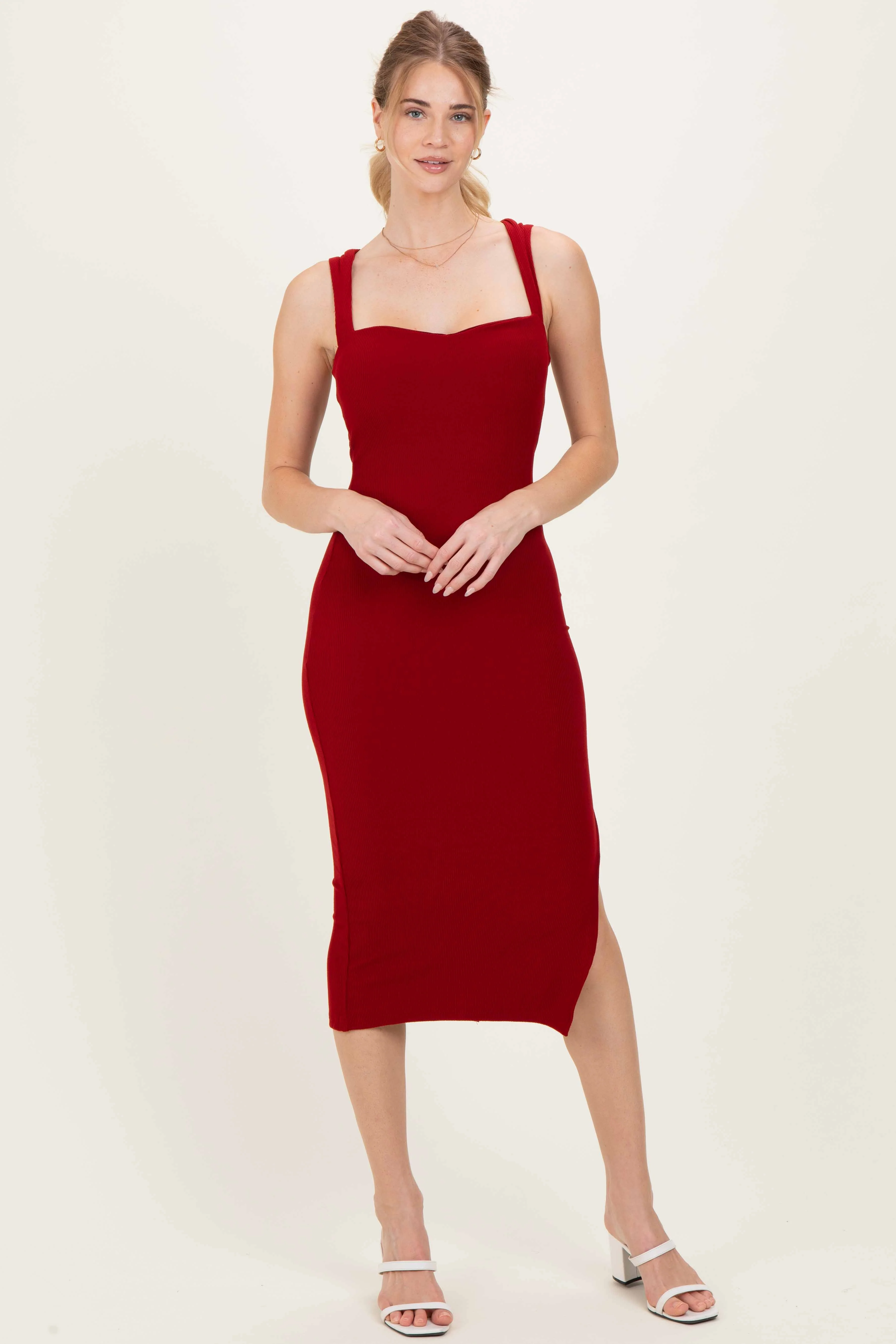 Burgundy Cutout Fitted Midi Dress