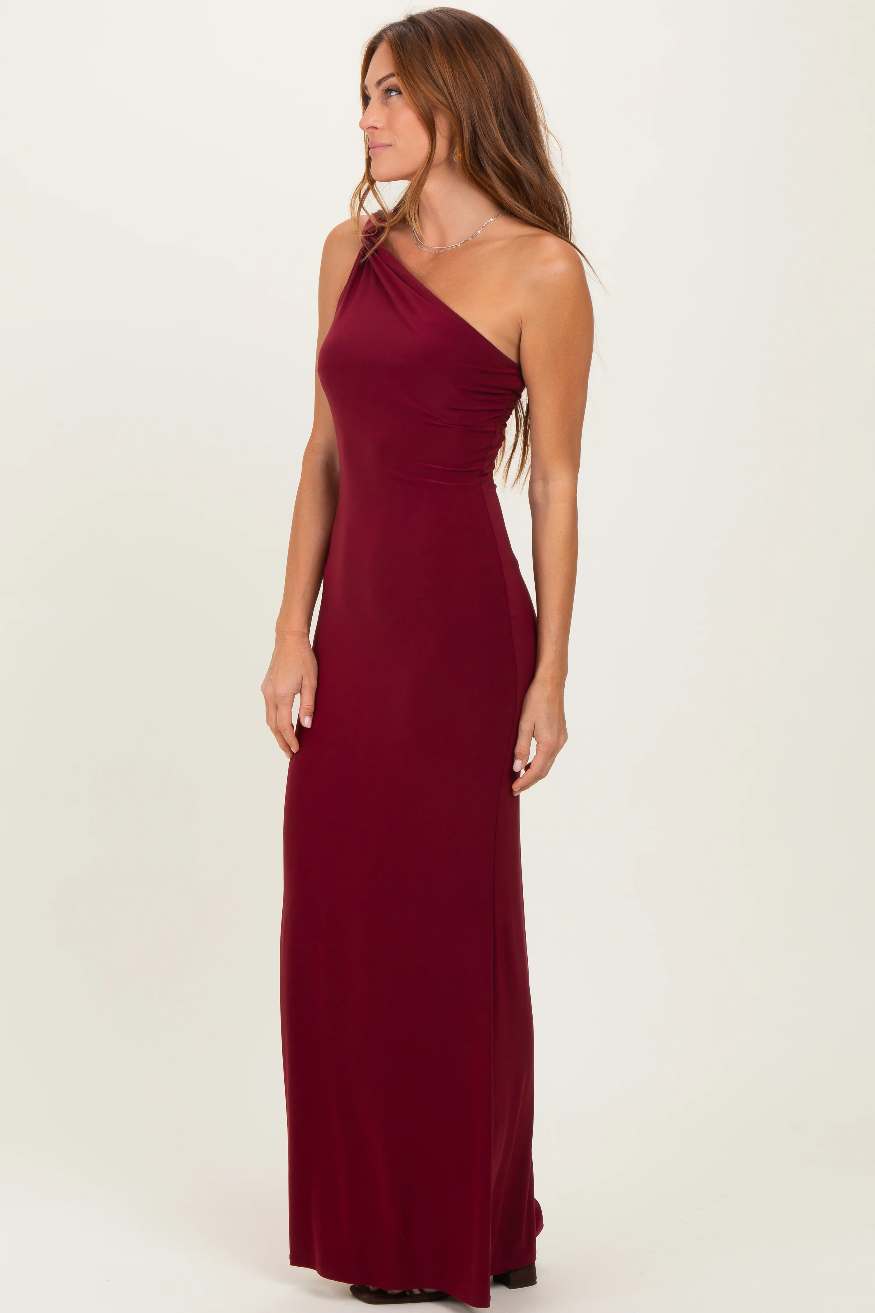 Burgundy Double Strap One Shoulder Maxi Dress - Image 3