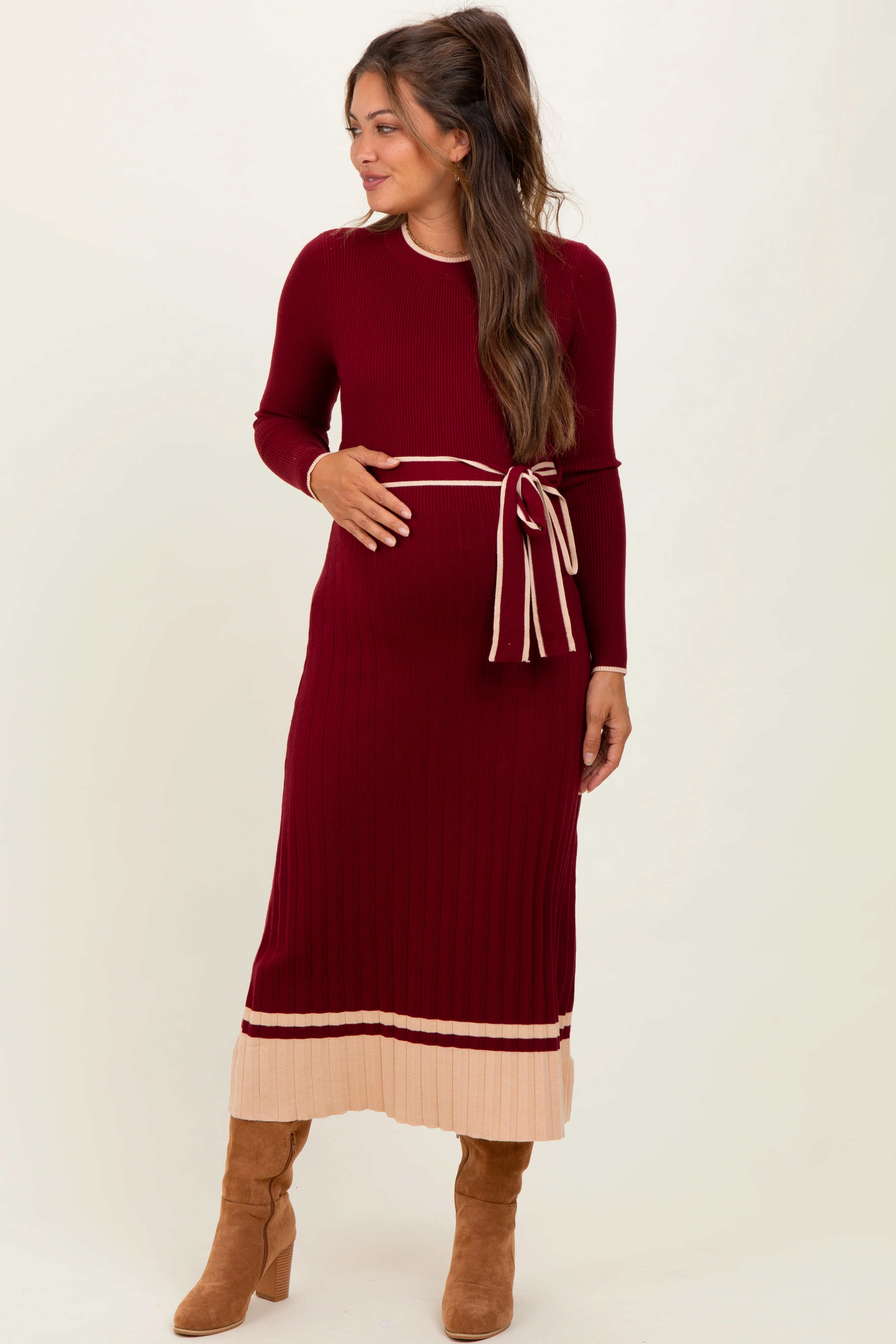 Burgundy Elegant Ribbed Midi Sweater Dress With Belt - Image 2