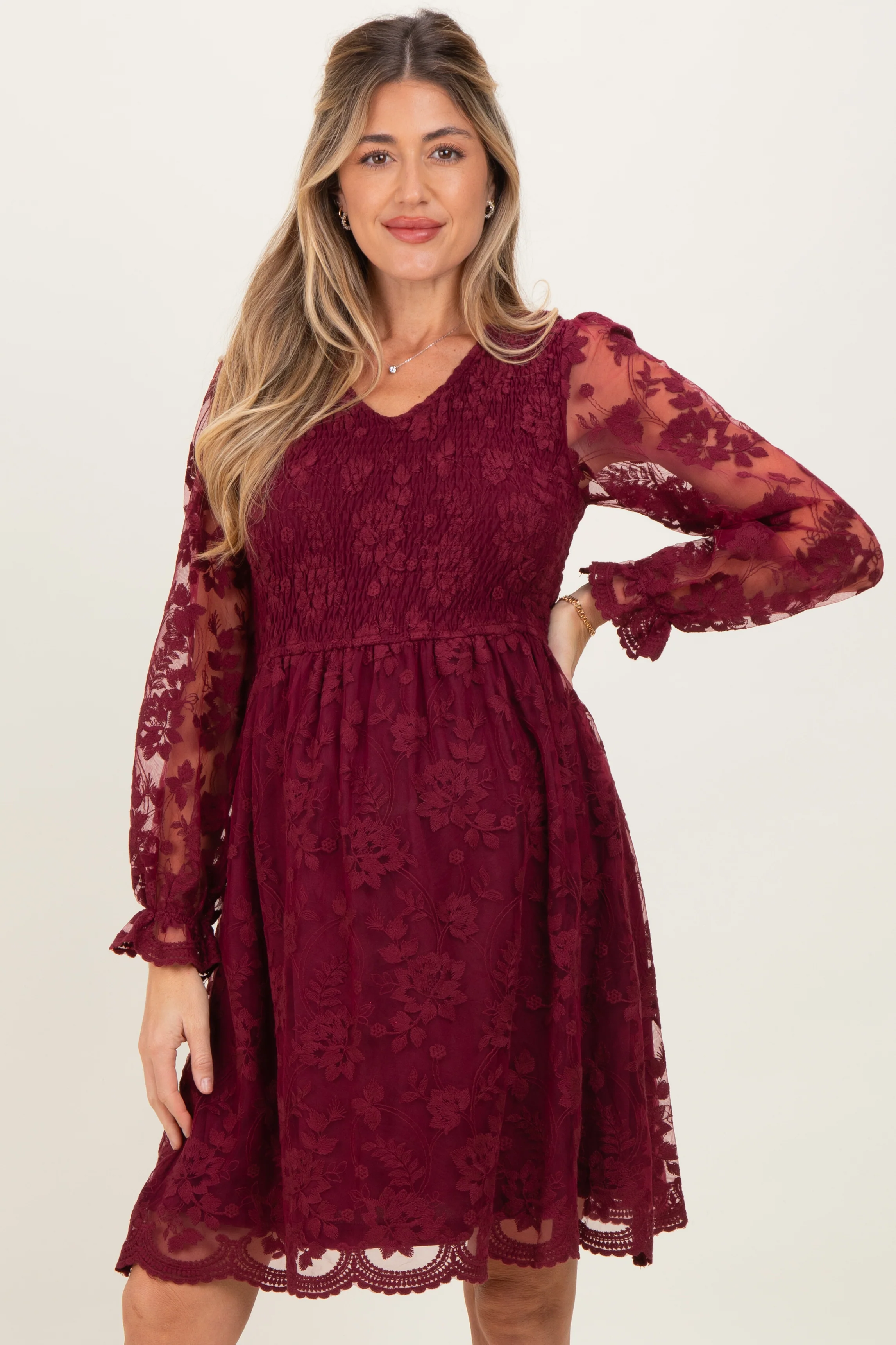 Burgundy Embroidered Lace Smocked Long Sleeve Maternity Dress - Image 3