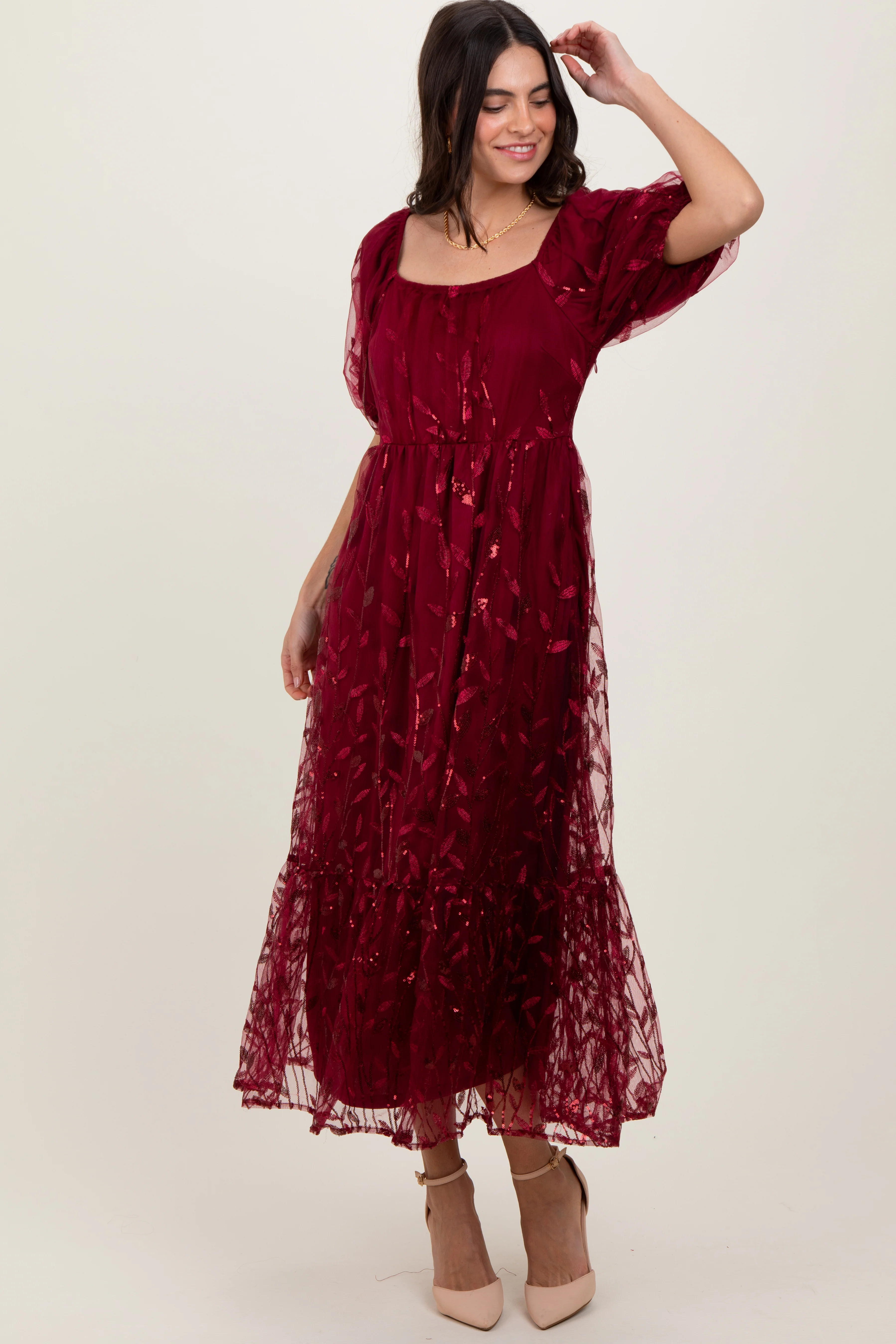 Burgundy Embroidered Sequin Detail Mesh Overlay Maternity Maxi Dress - Image 5
