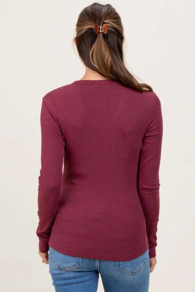 Burgundy Fine Rib V-Neck Maternity Long Sleeve Top - Image 4