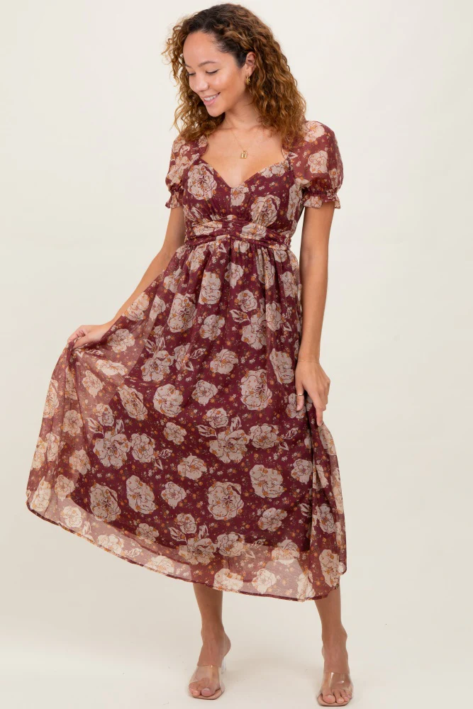Burgundy Floral Chiffon Sweetheart Neckline Maternity Midi Dress - Image 5