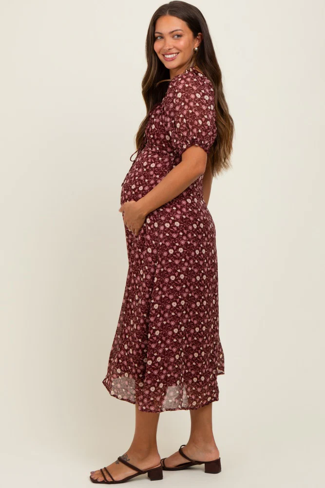 Burgundy Floral Chiffon Sweetheart Puff Sleeve Maternity Midi Dress - Image 3