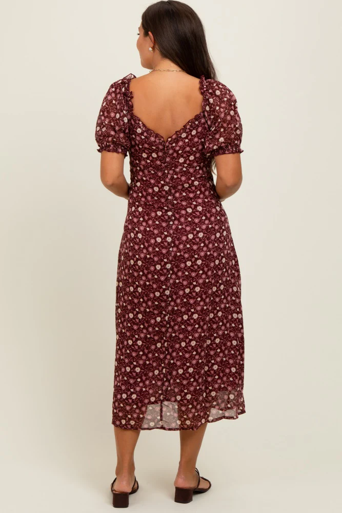 Burgundy Floral Chiffon Sweetheart Puff Sleeve Maternity Midi Dress - Image 4