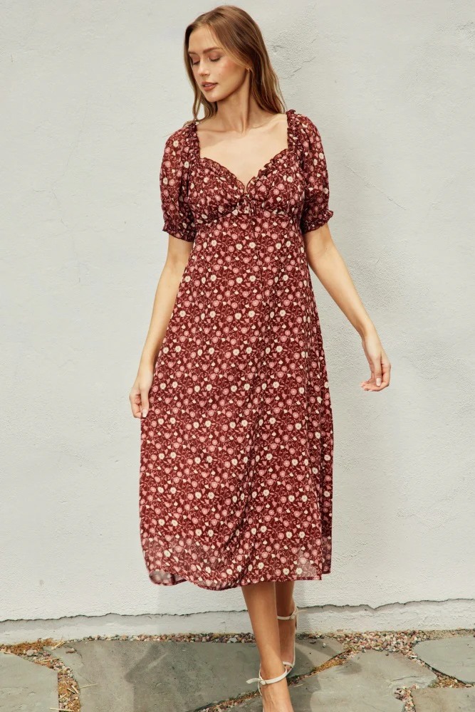 Burgundy Floral Chiffon Sweetheart Puff Sleeve Maternity Midi Dress - Image 5