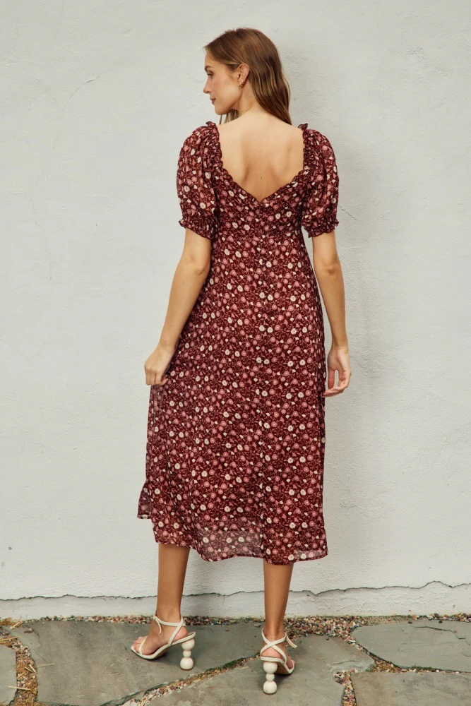 Burgundy Floral Chiffon Sweetheart Puff Sleeve Midi Dress - Image 3