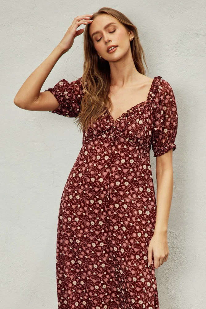 Burgundy Floral Chiffon Sweetheart Puff Sleeve Midi Dress - Image 4