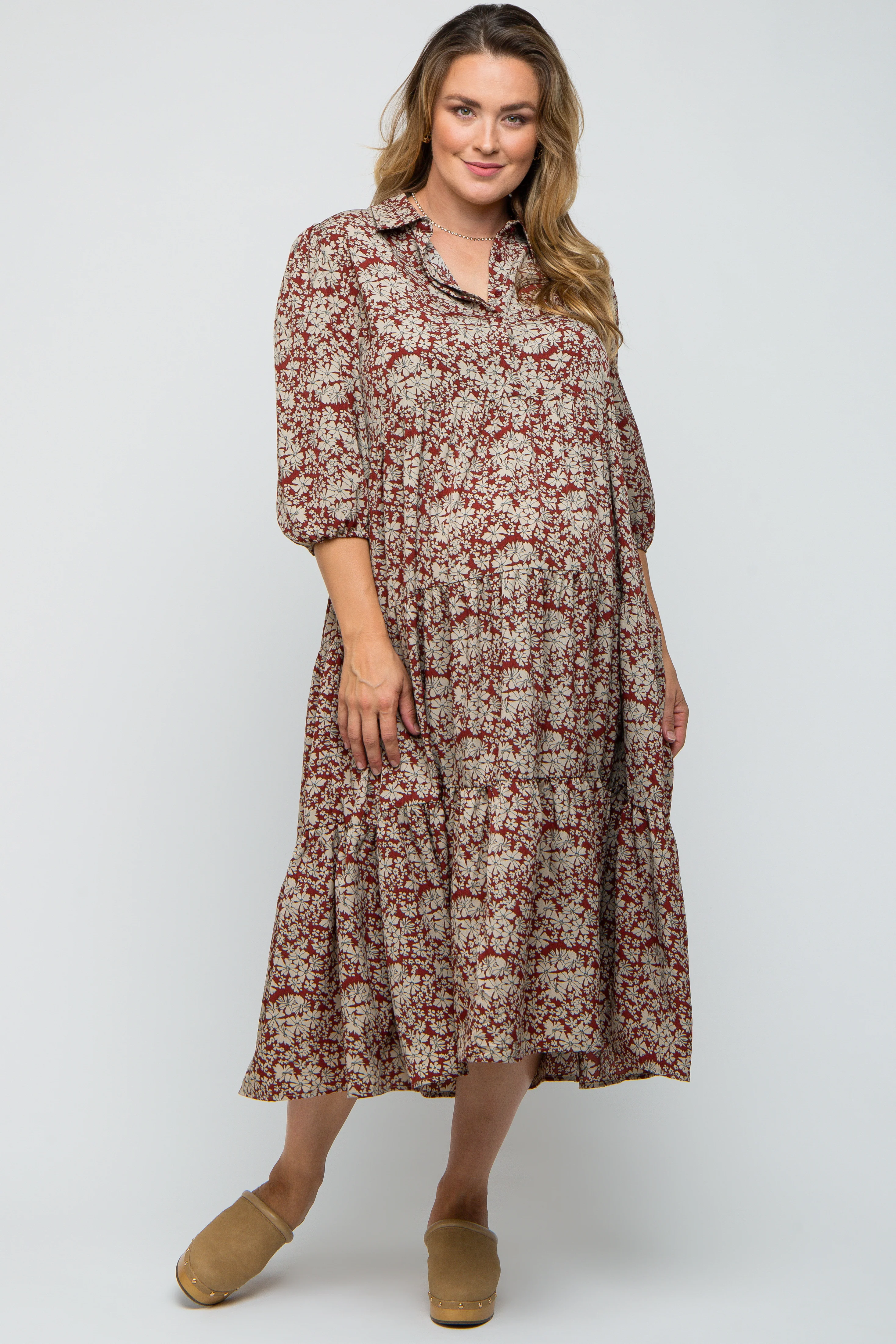 Burgundy Floral Collared Tiered Plus Maternity Maxi Dress - Image 2