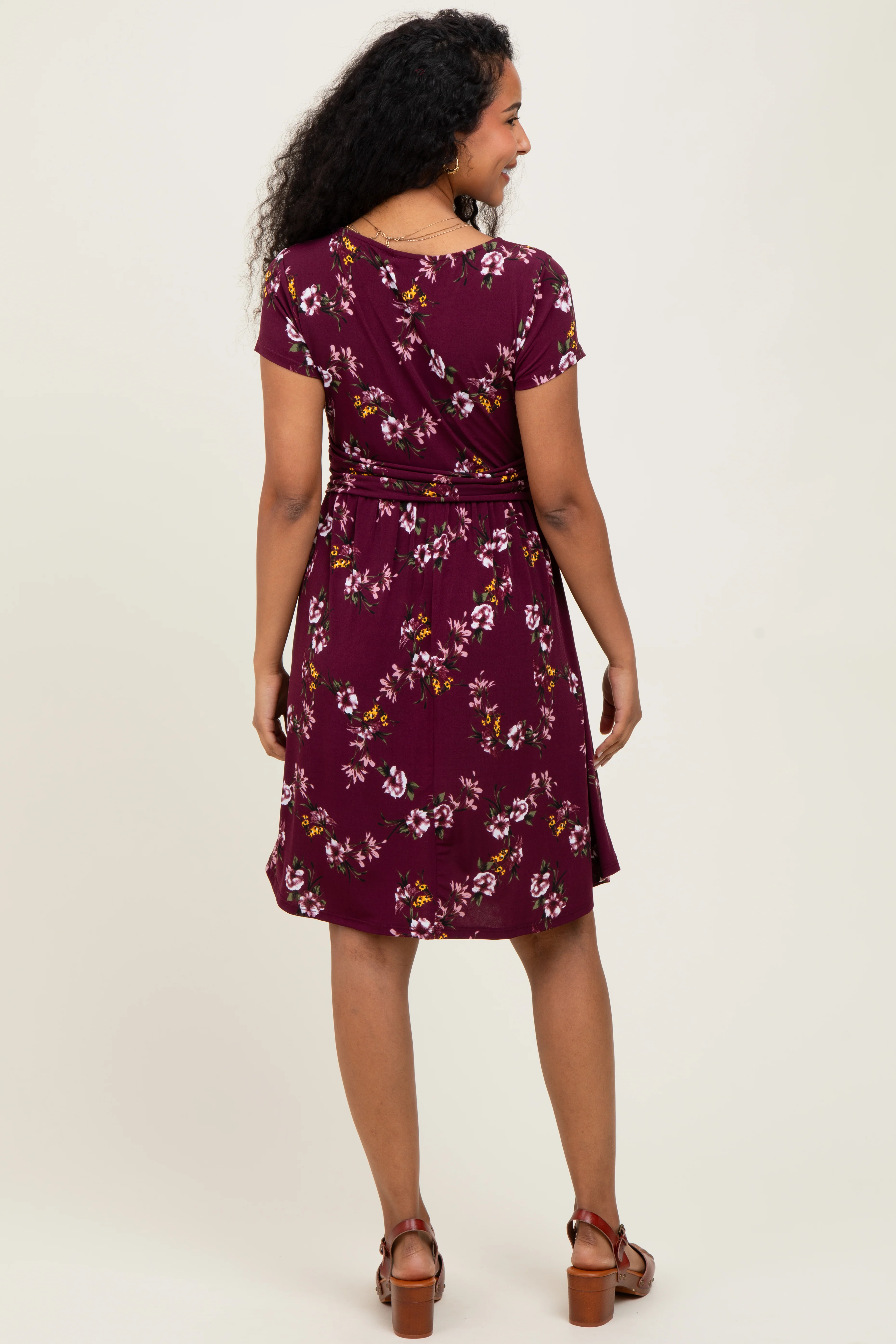 Burgundy Floral Crossover Front Maternity Dress - Image 3