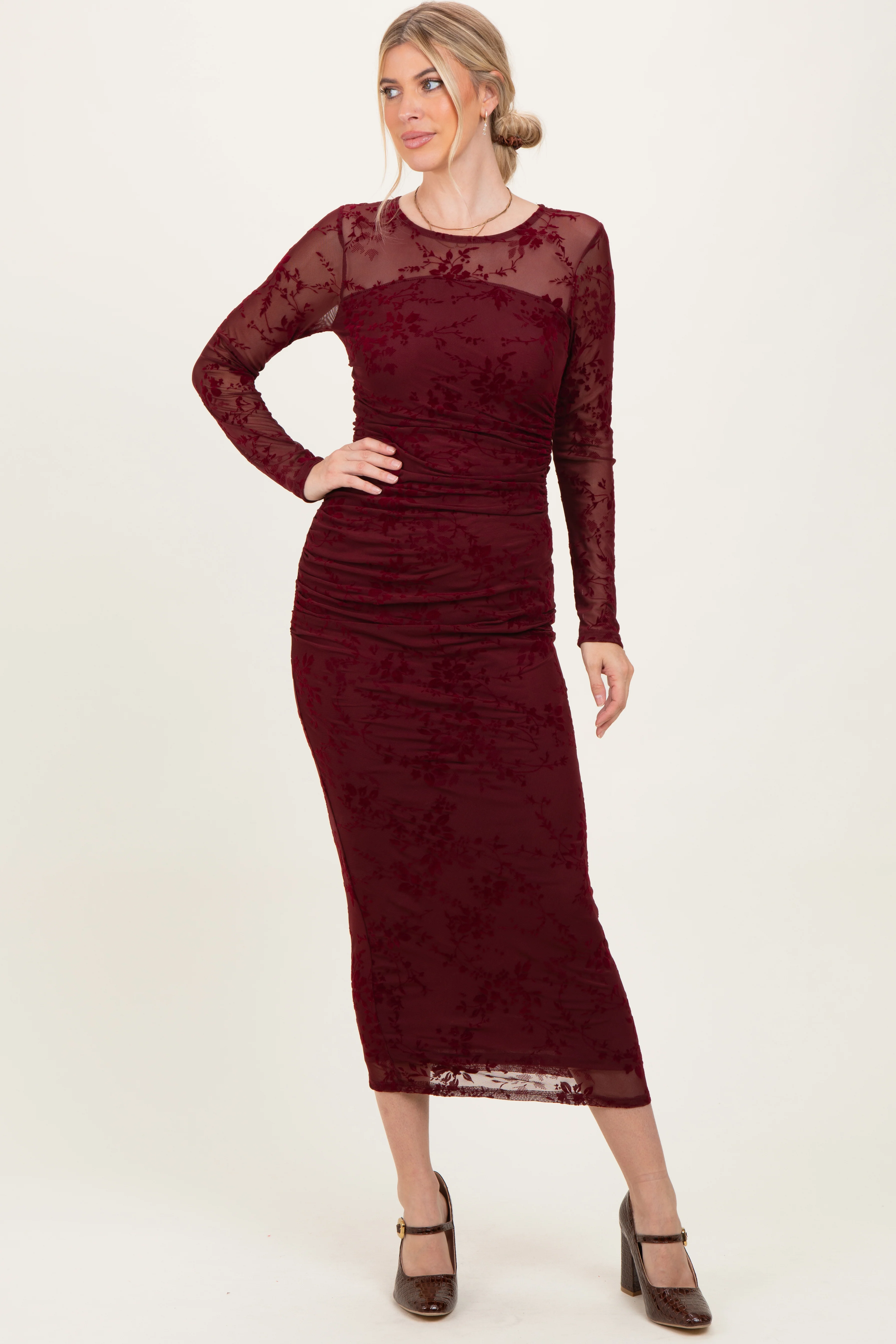 Burgundy Floral Flocked Mesh Long Sleeve Maternity Midi Dress - Image 5