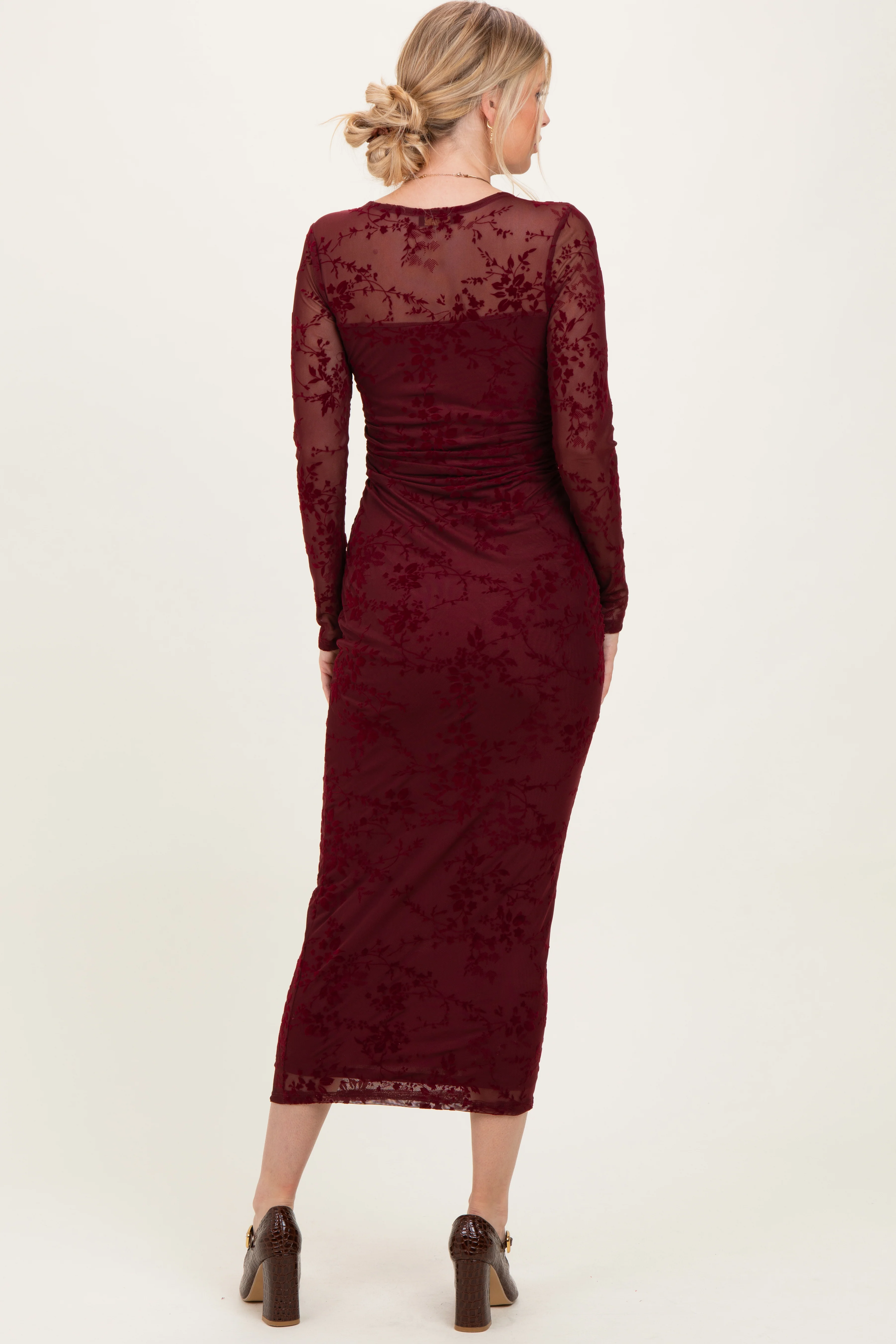 Burgundy Floral Flocked Mesh Long Sleeve Midi Dress - Image 3