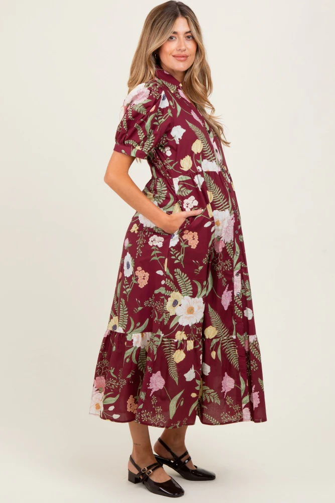 Burgundy Floral Puff Sleeve Button Down Maternity Midi Dress - Image 3