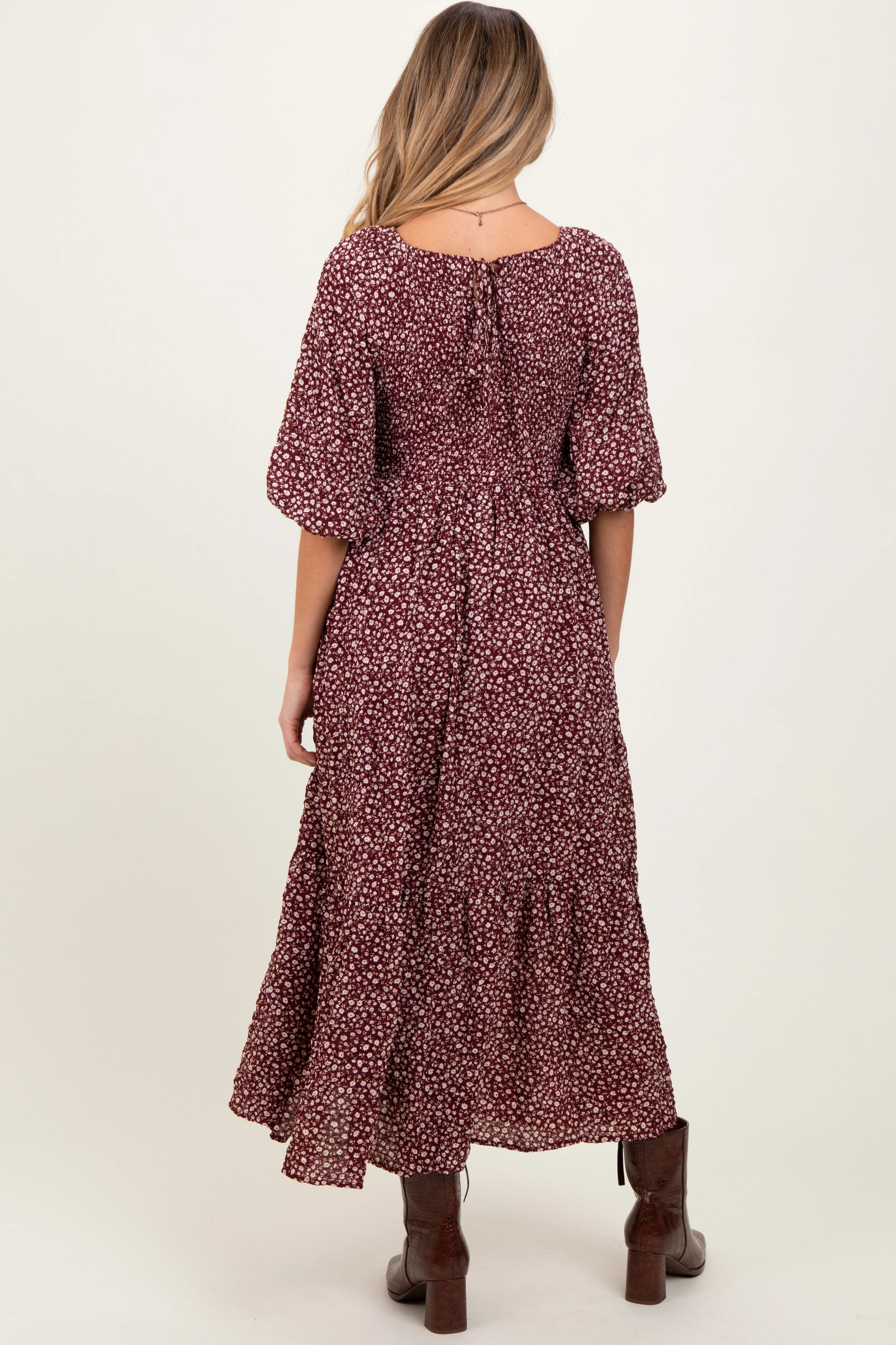 Burgundy Floral Puffed Short Sleeve Maternity Maxi Dress - Image 3