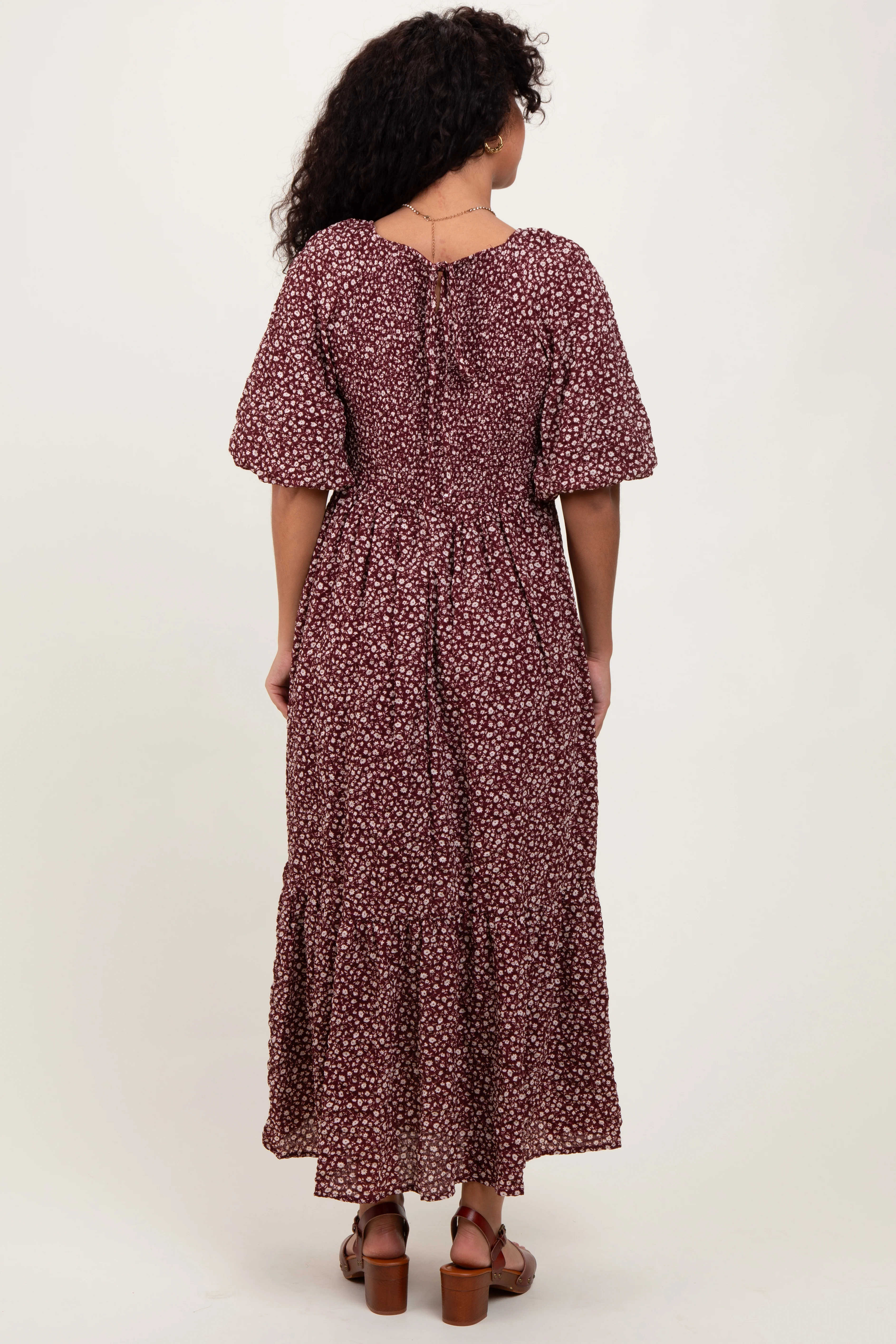 Burgundy Floral Puffed Short Sleeve Maxi Dress - Image 3
