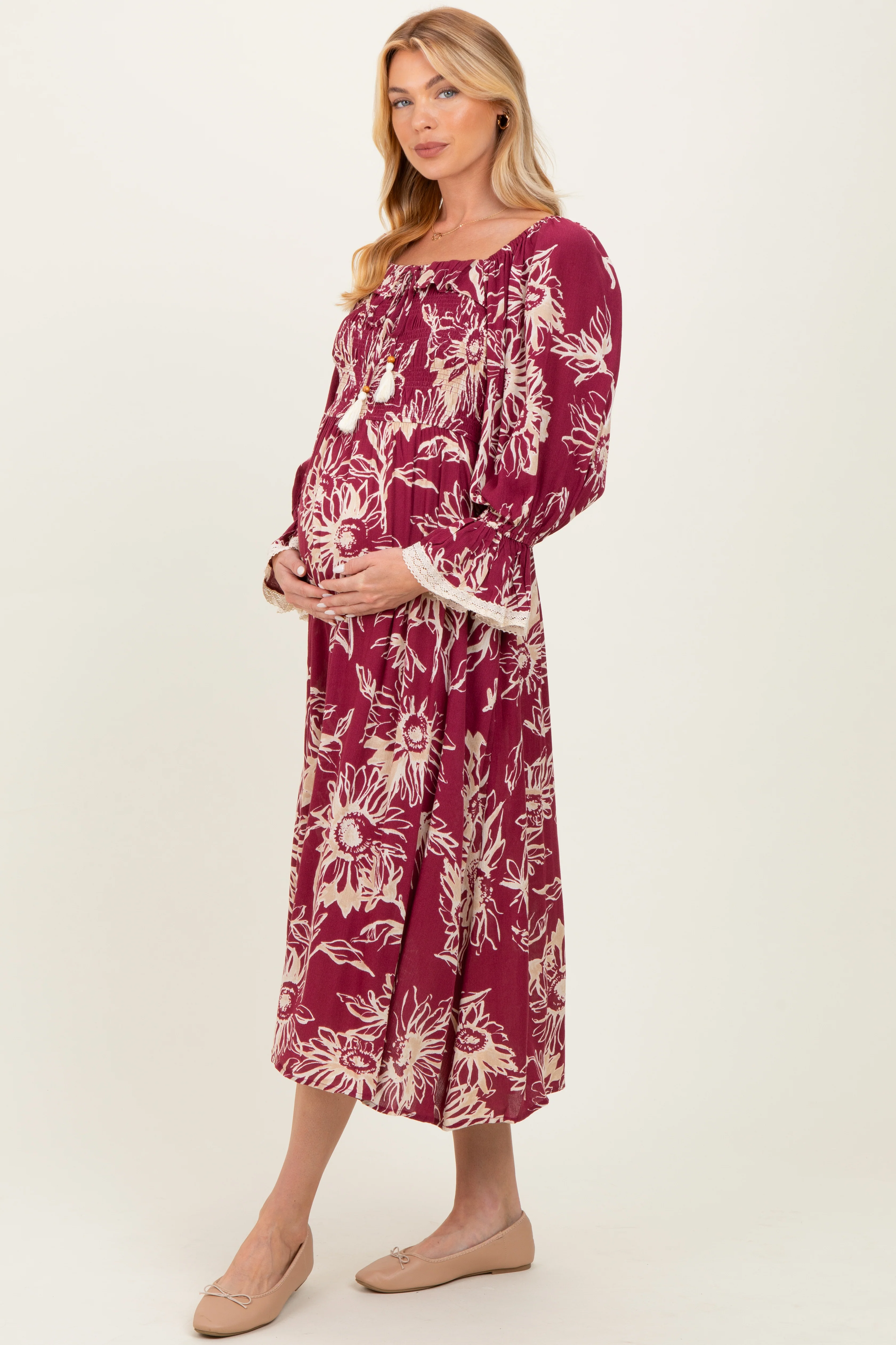 Burgundy Floral Smocked 3/4 Sleeve Maternity Midi Dress - Image 3