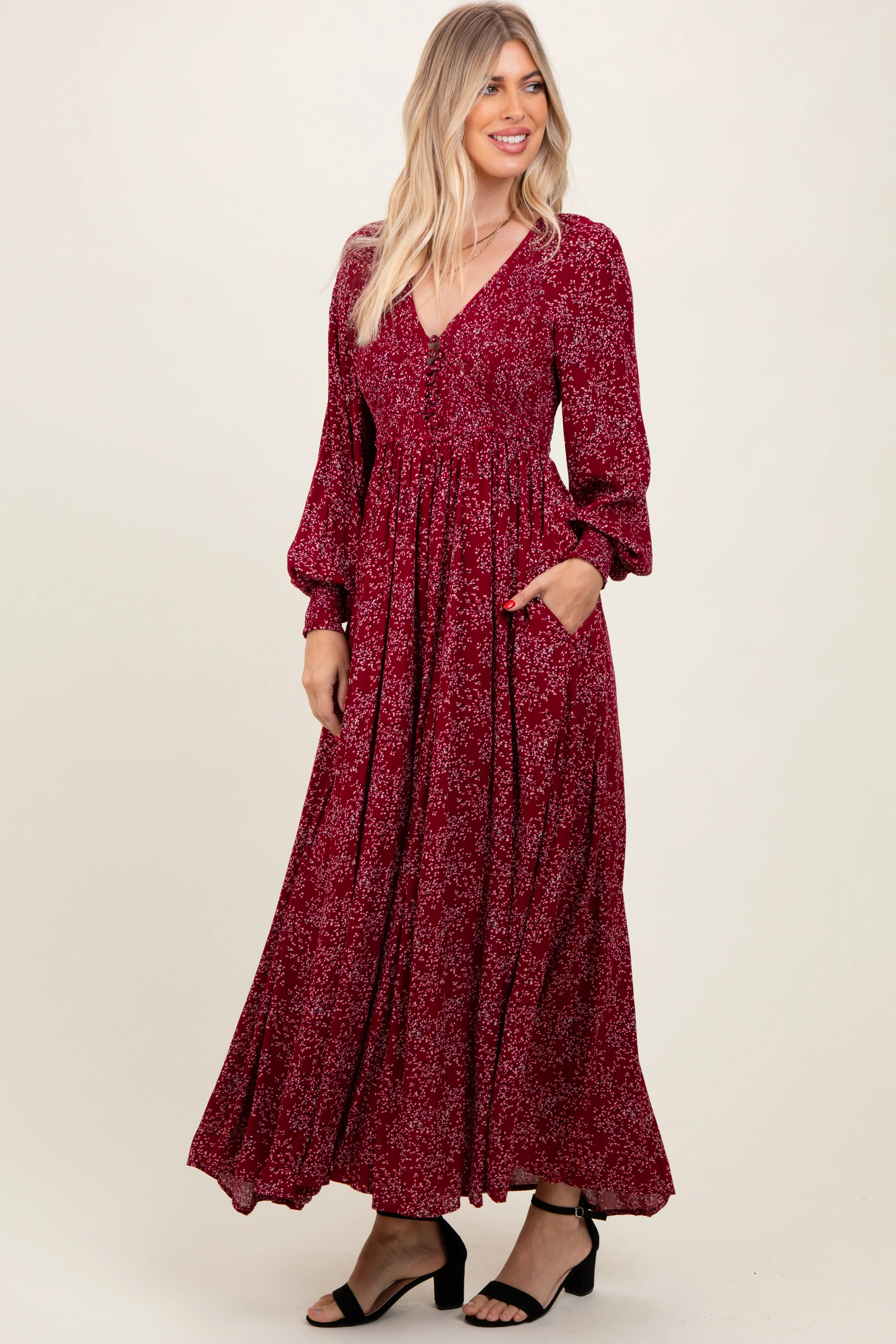 Burgundy Floral Smocked Button Detail Maternity Maxi Dress - Image 5