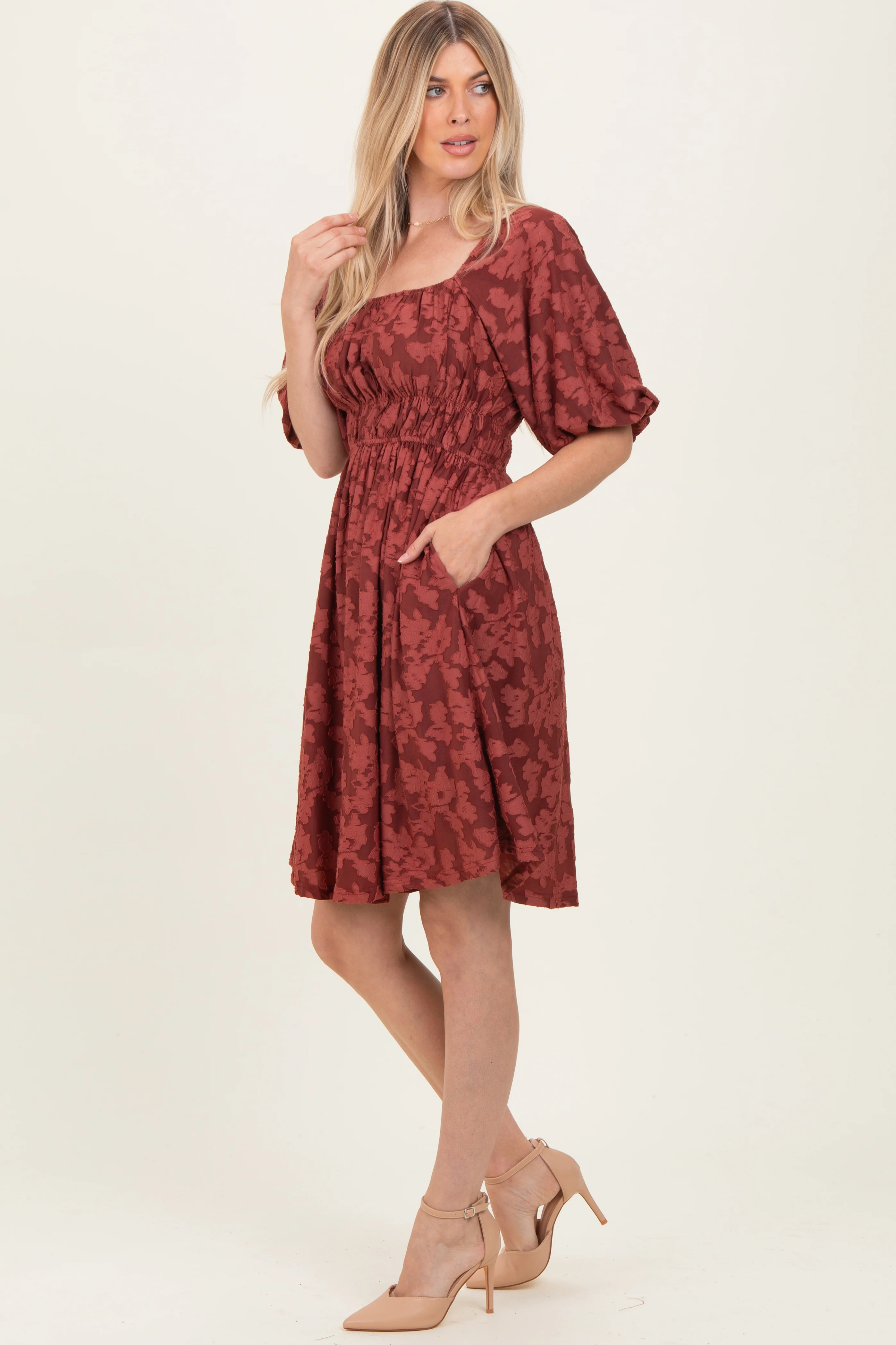 Burgundy Floral Square Neck Dress - Image 3