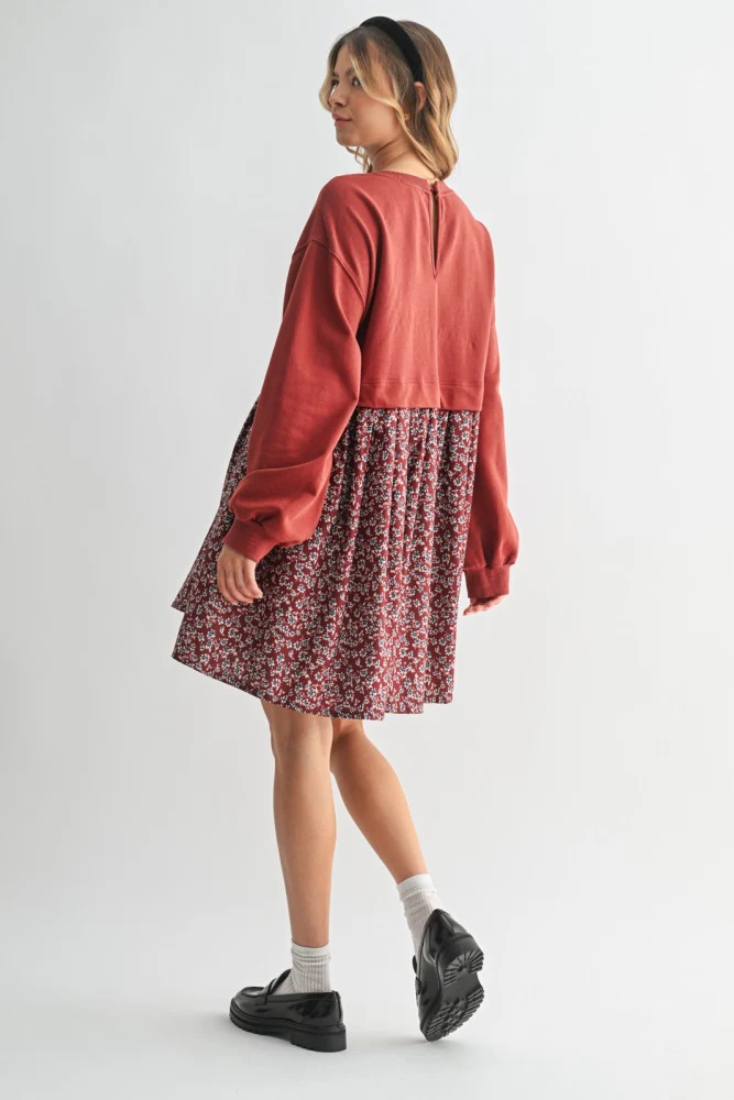 Burgundy Floral Sweatshirt Contrast Dress - Image 3