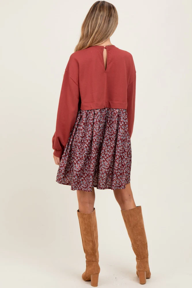 Burgundy Floral Sweatshirt Contrast Maternity Dress - Image 3
