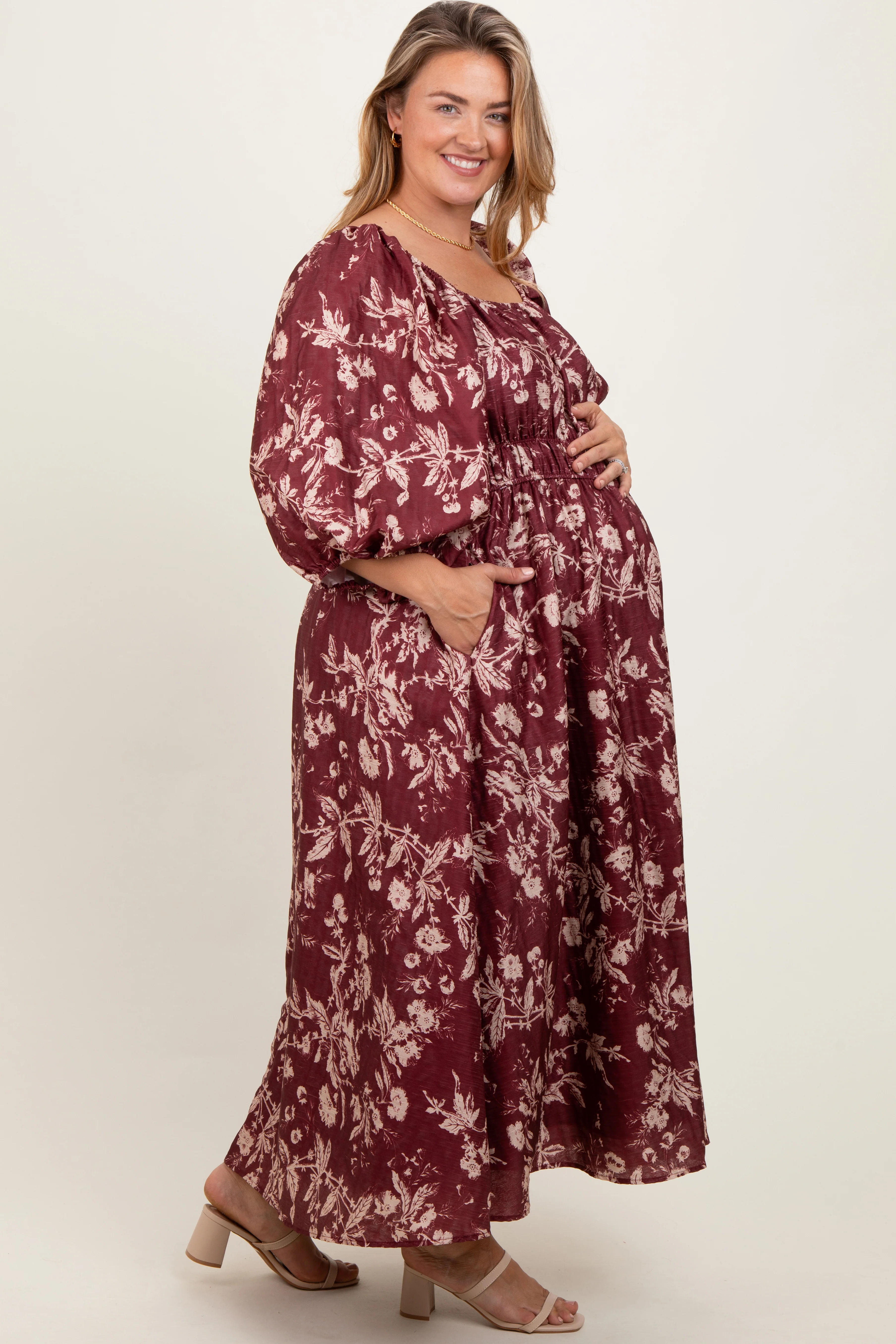Burgundy Floral Textured Maternity Plus Midi Dress - Image 3