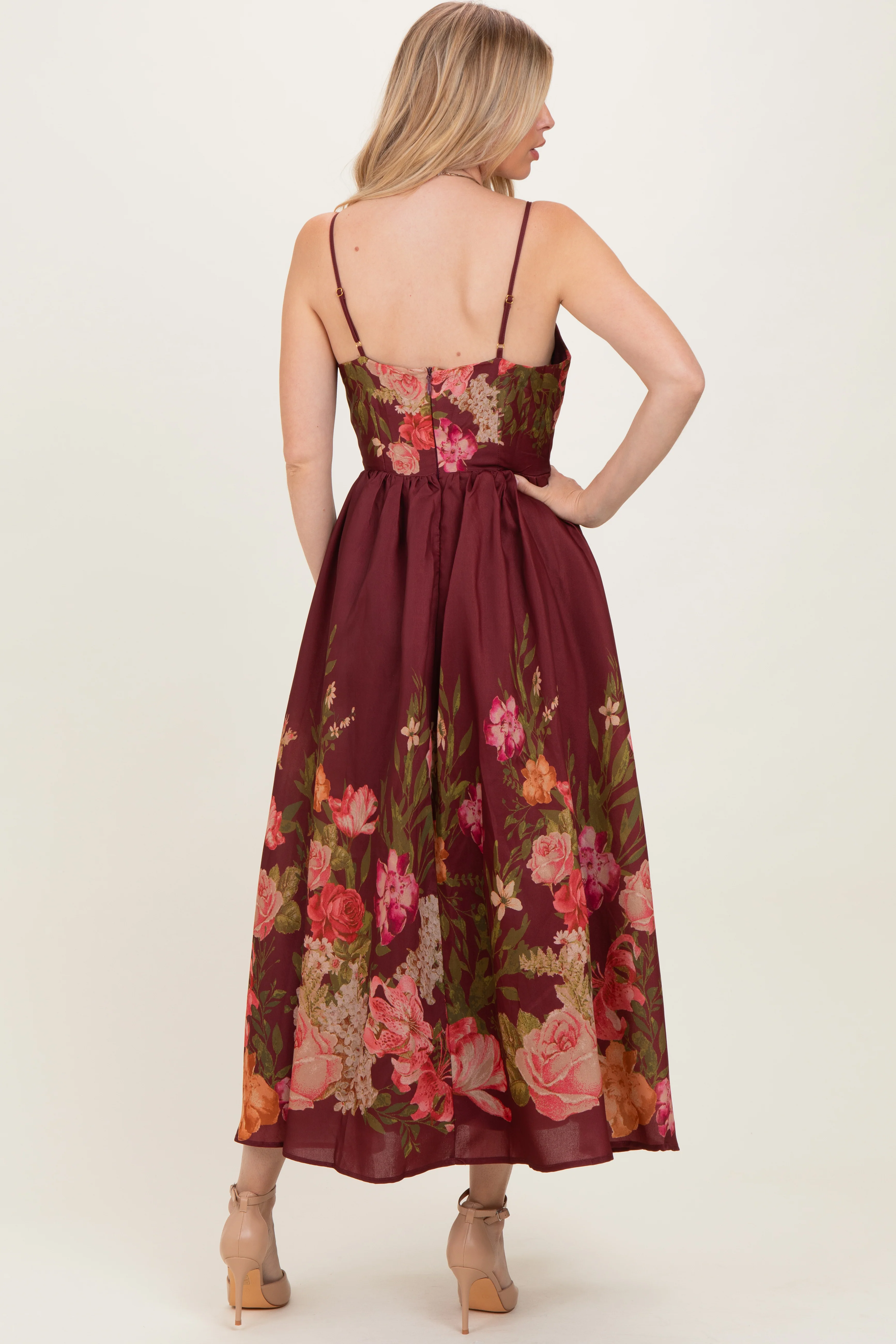 Burgundy Floral Thin Strap Maxi Dress - Image 4