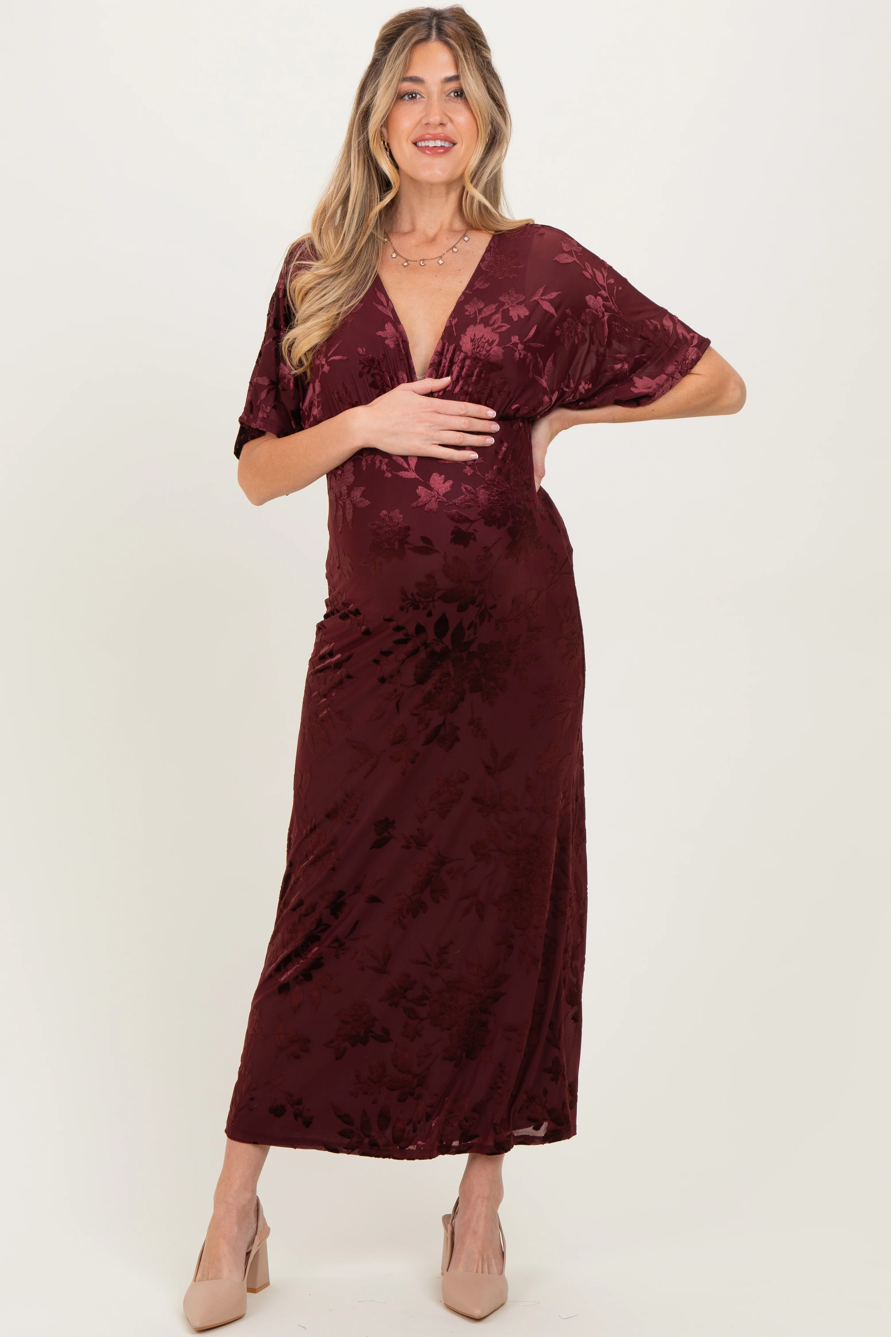 Burgundy Floral Velvet V-Neck Short Sleeve Maternity Maxi Dress - Image 2