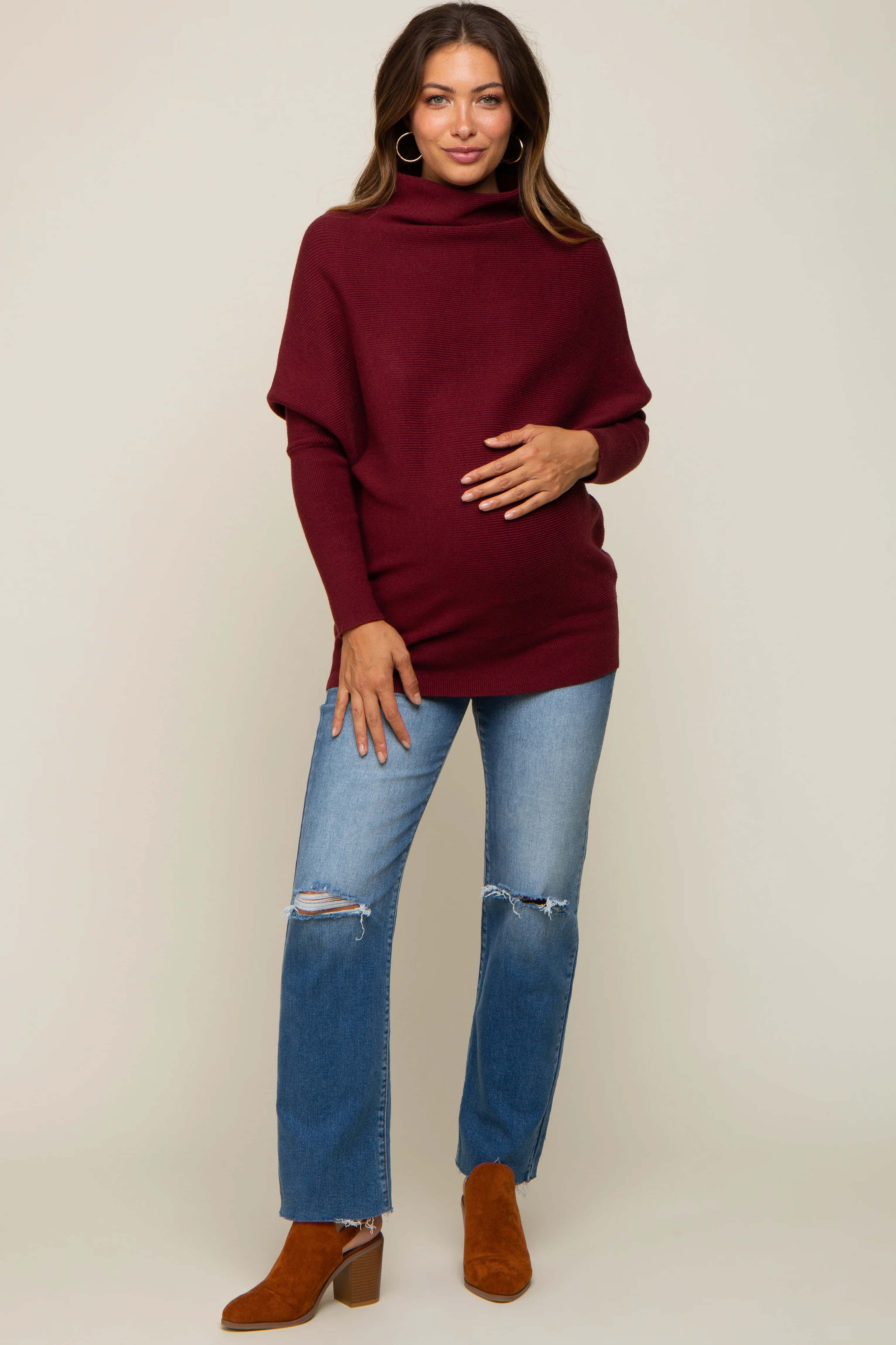 Burgundy Funnel Neck Dolman Sleeve Maternity Sweater - Image 4