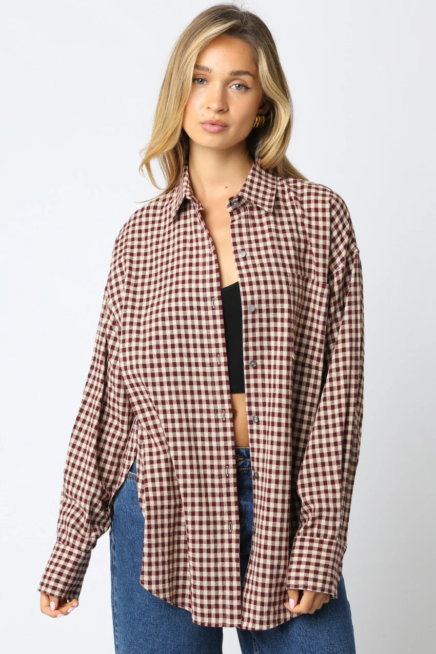 Burgundy Gingham Maternity Button Down Shirt - Image 4