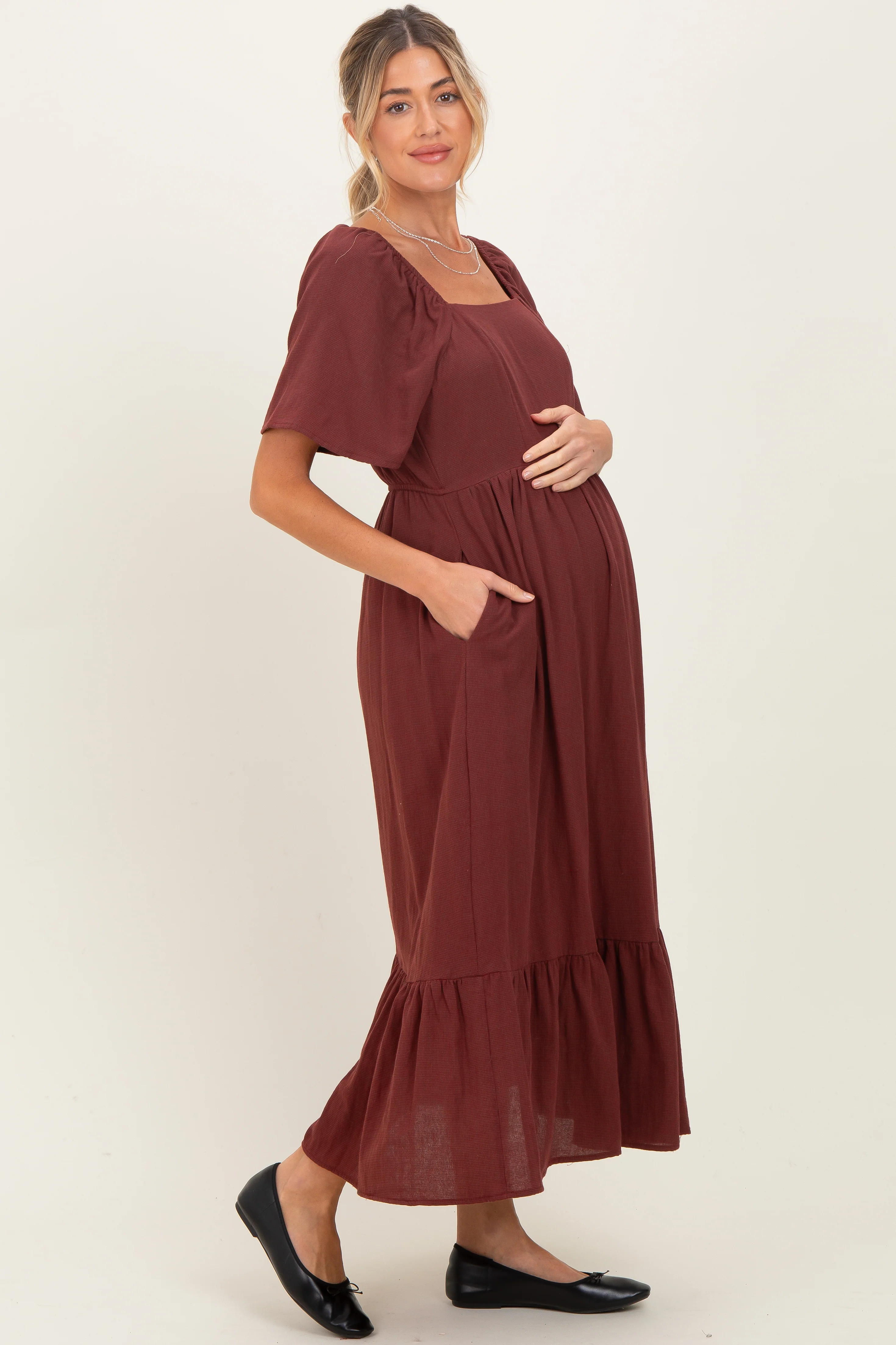 Burgundy Gingham Square Neck Ruffle Maternity Midi Dress - Image 3
