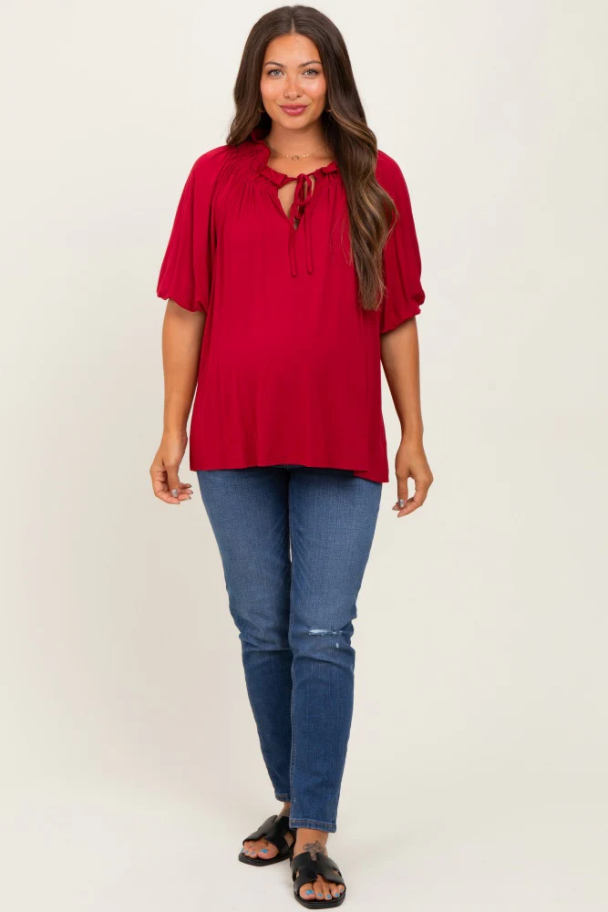 Burgundy Half Balloon Sleeve Maternity Top - Image 4