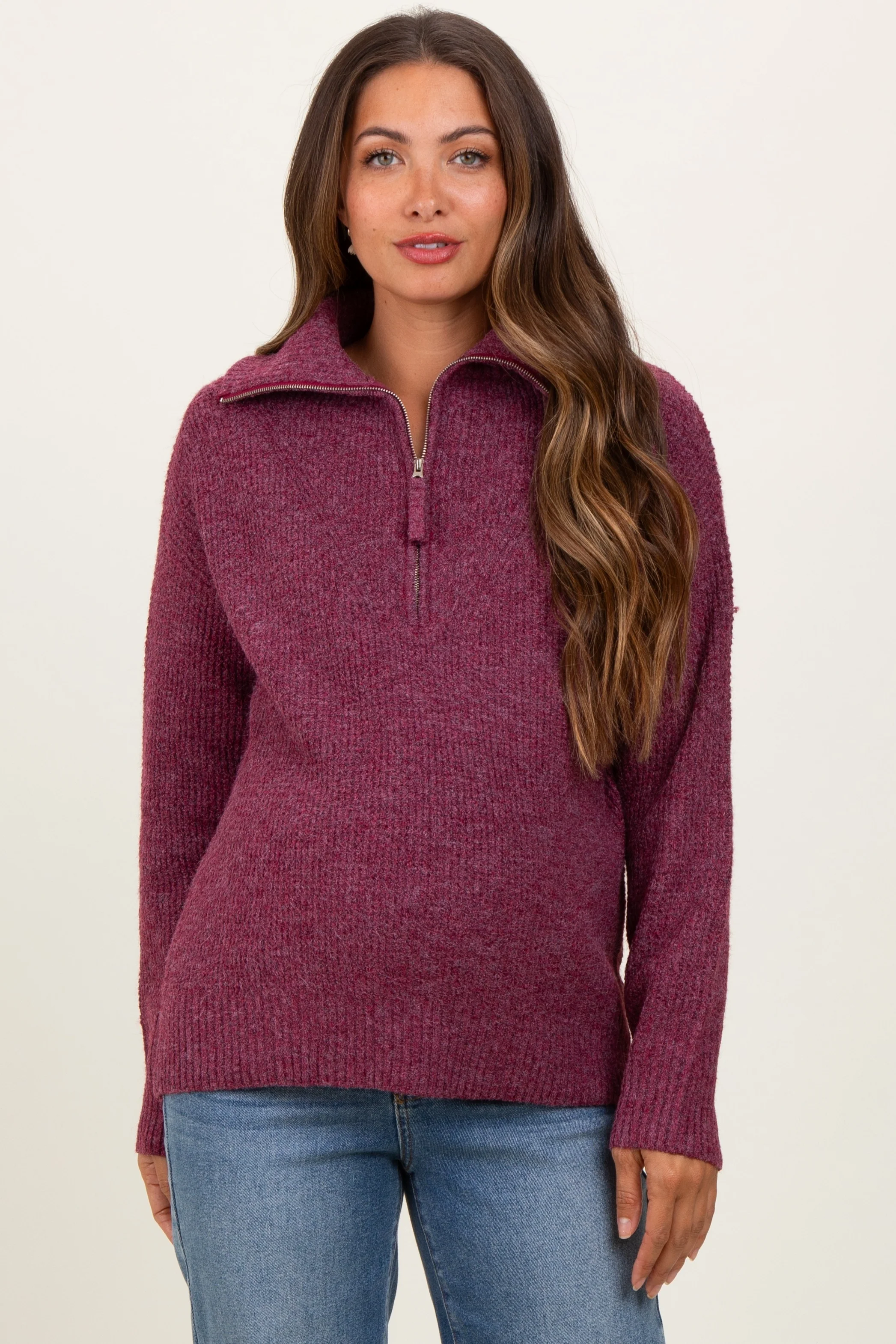 Burgundy Half Zip Maternity Pullover Sweater - Image 4