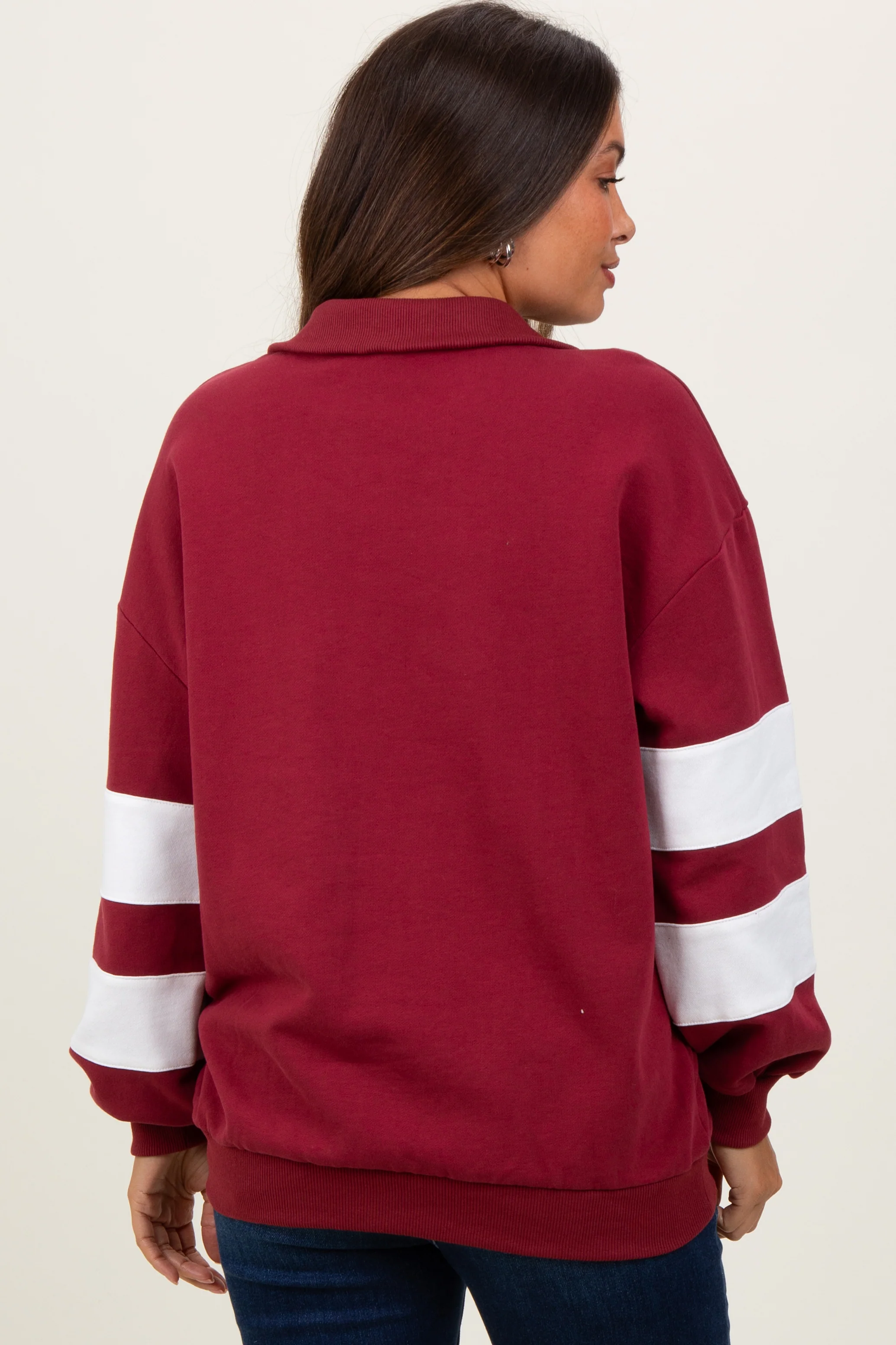 Burgundy Half Zip Stripe Sleeve Maternity Pullover - Image 3