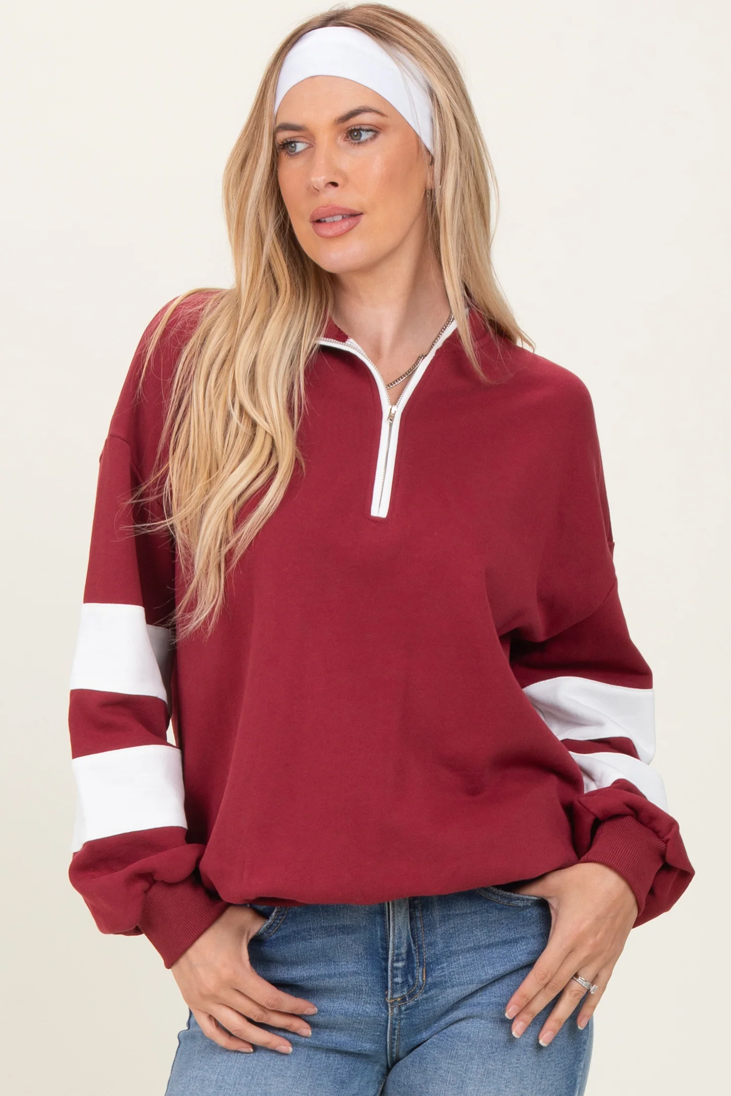 Burgundy Half Zip Stripe Sleeve Pullover
