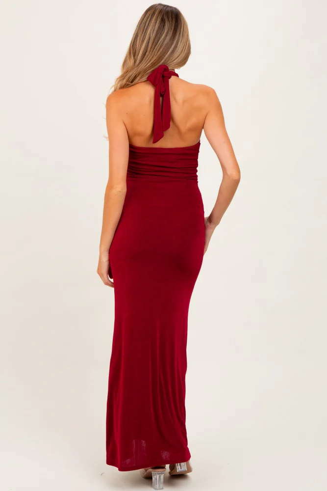 Burgundy Halter Pendant Maternity Maxi Dress - Image 3