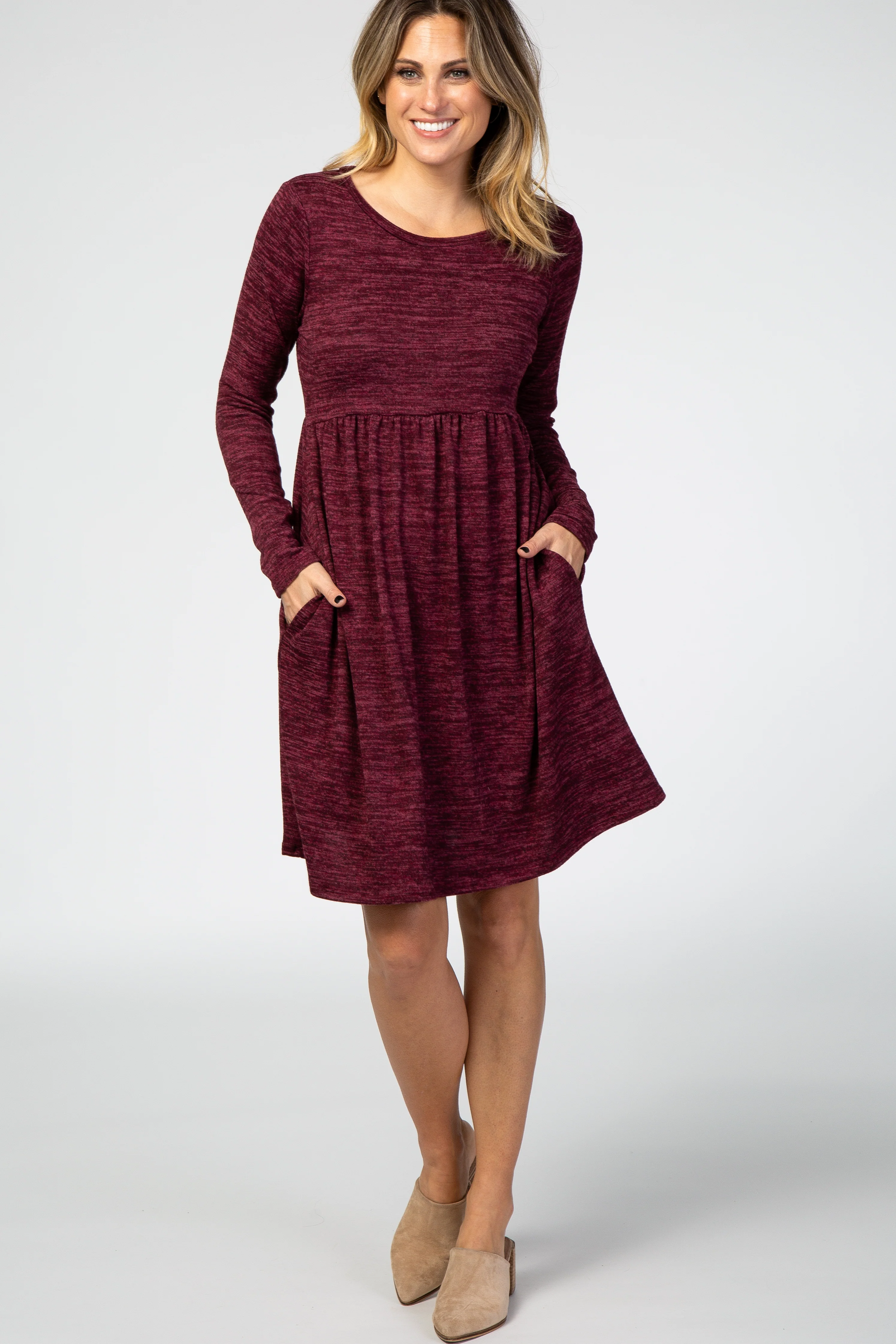 Burgundy Heathered Long Sleeve Knit Maternity Dress - Image 5