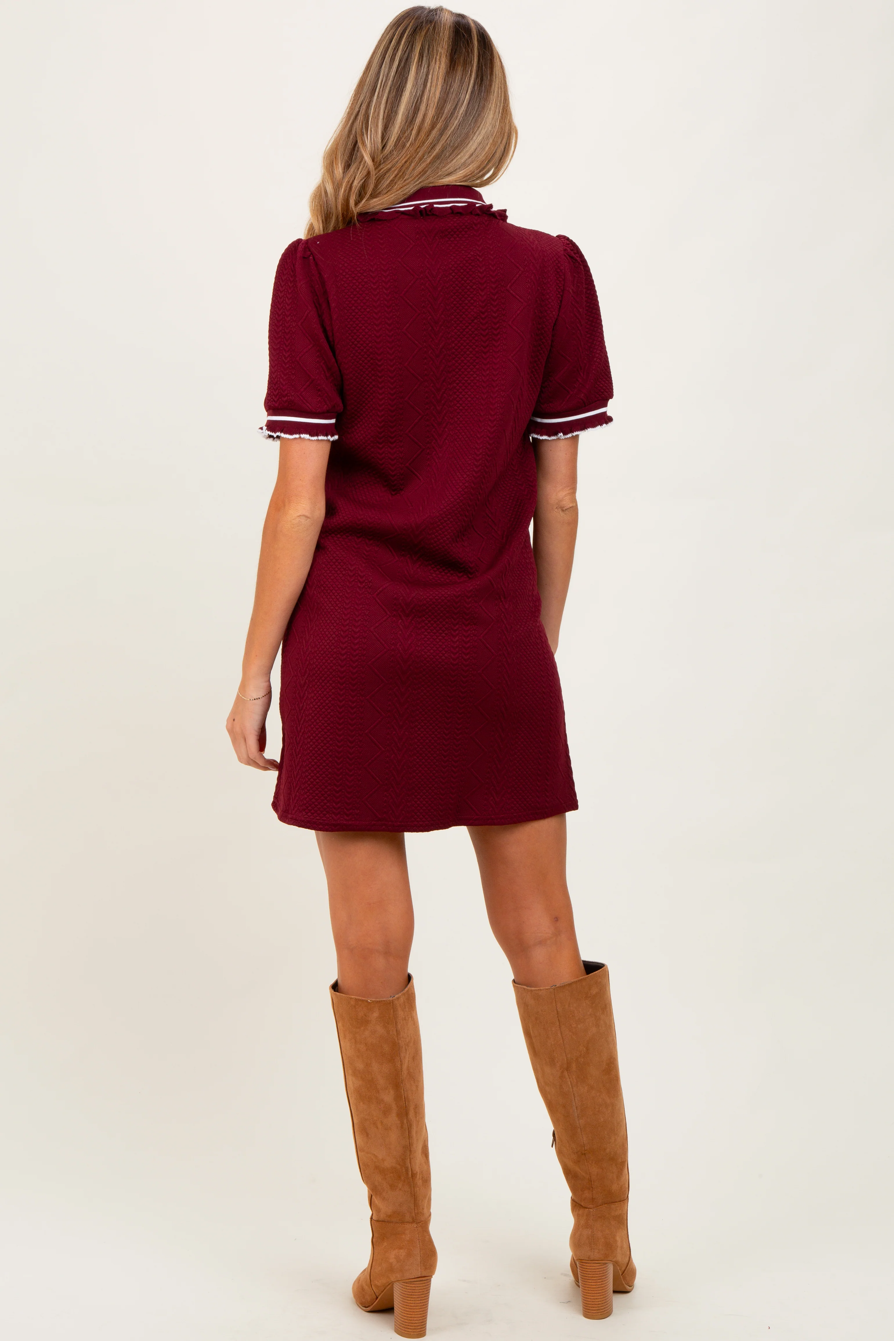 Burgundy Jacquard Ruffle Accent Maternity Polo Dress - Image 3