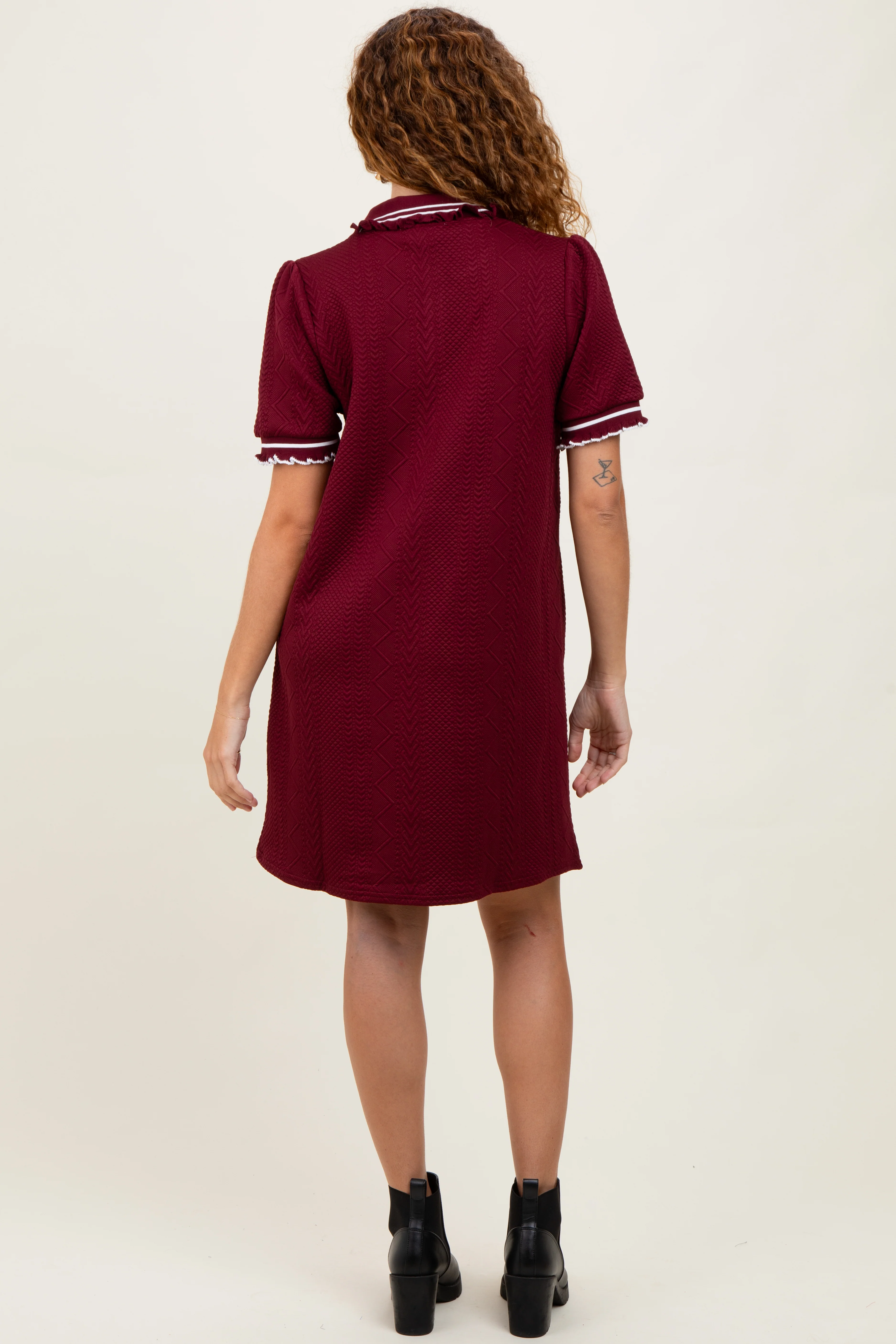 Burgundy Jacquard Ruffle Accent Polo Dress - Image 4