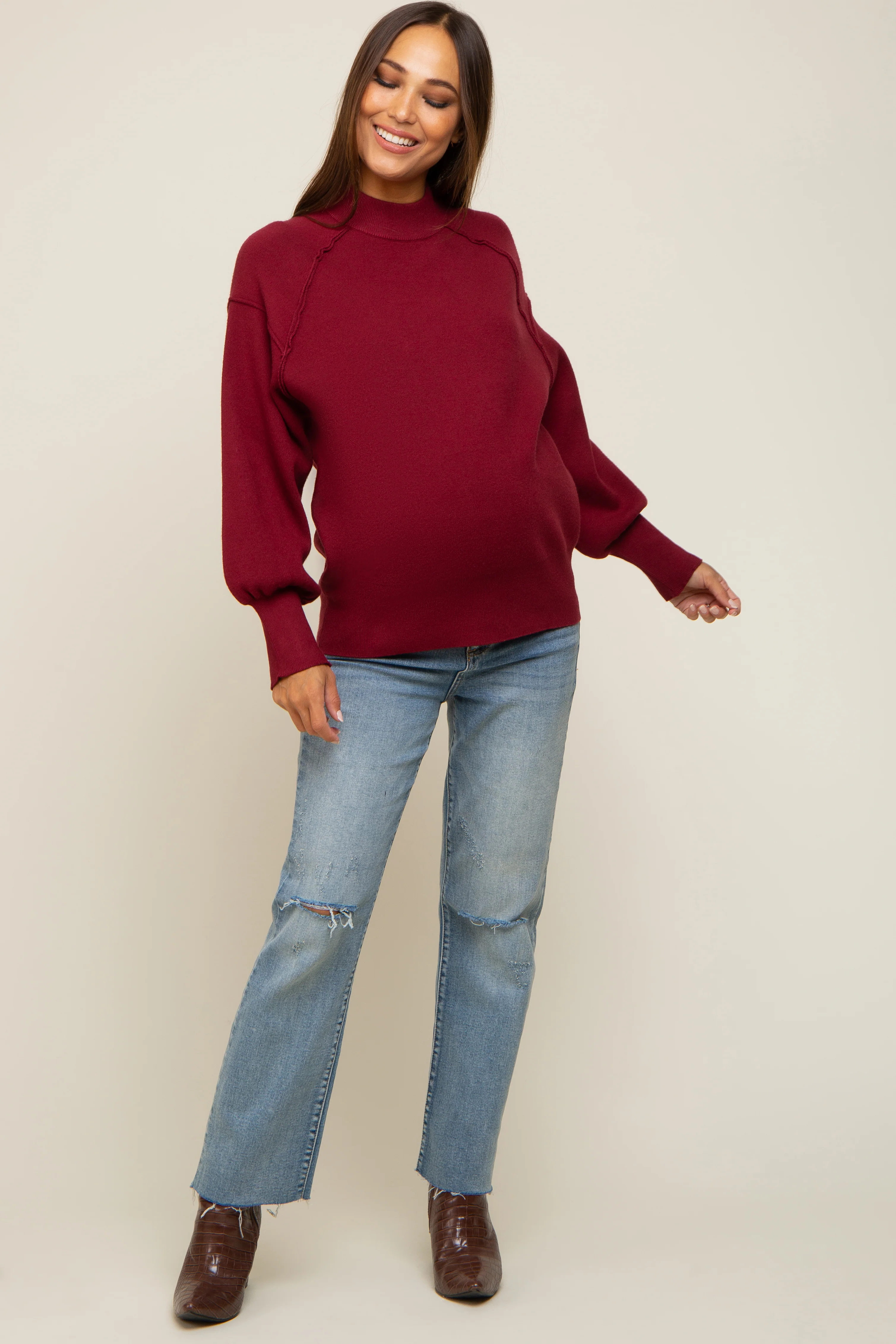 Burgundy Knit Long Sleeve Mock Neck Maternity Top - Image 4