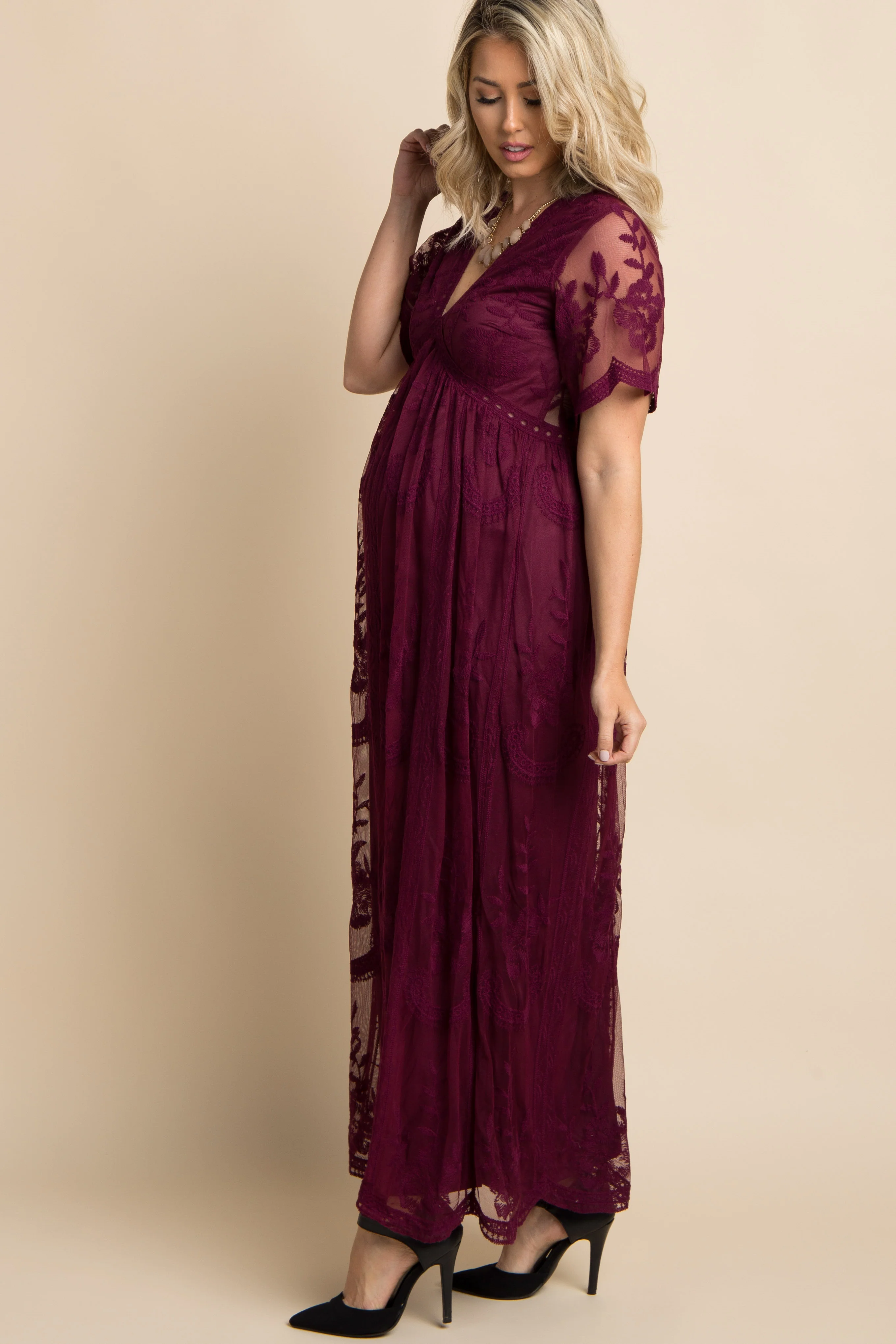 Burgundy Lace Mesh Overlay Maternity Maxi Dress - Image 3