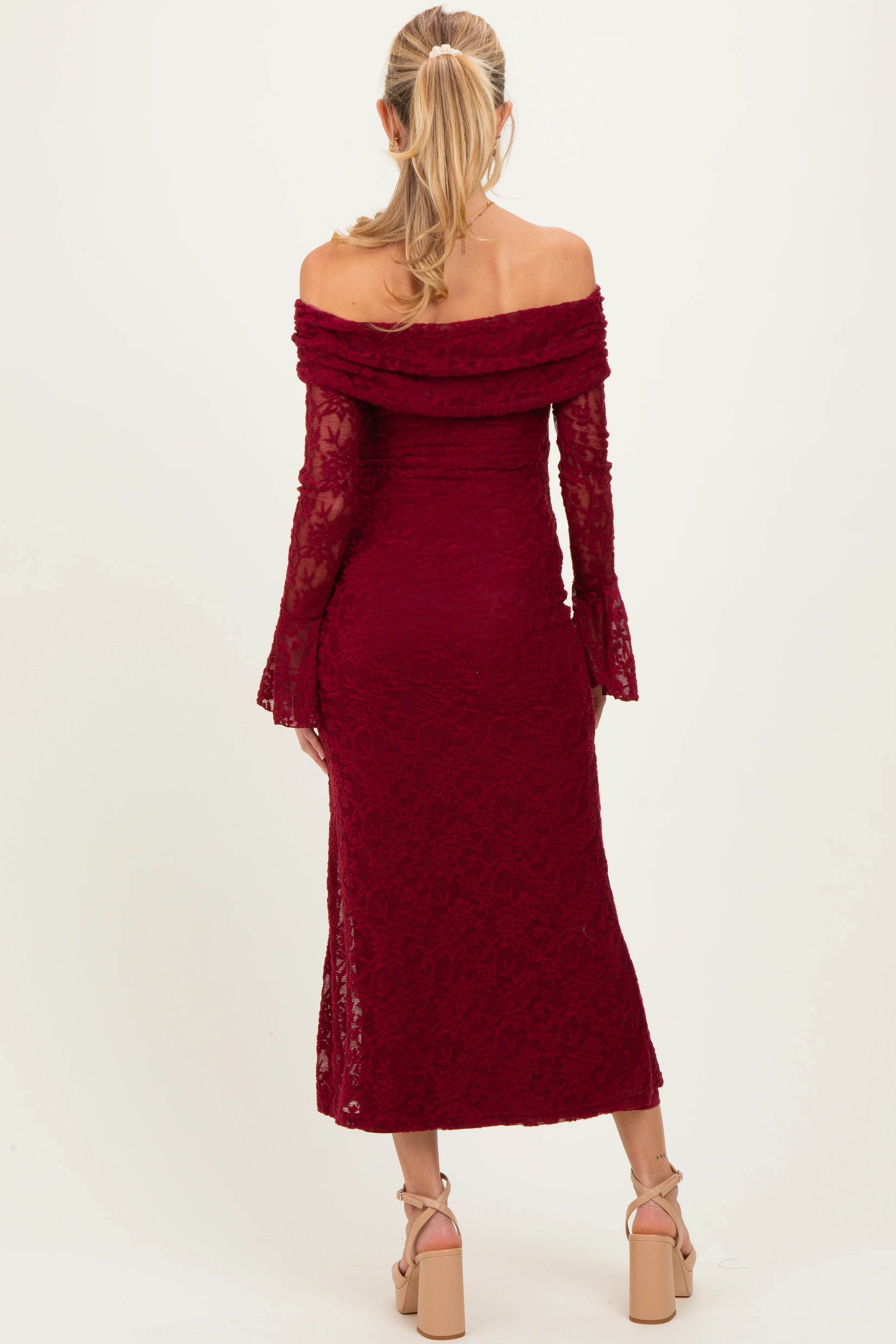 Burgundy Lace Off Shoulder Maternity Maxi Dress - Image 4